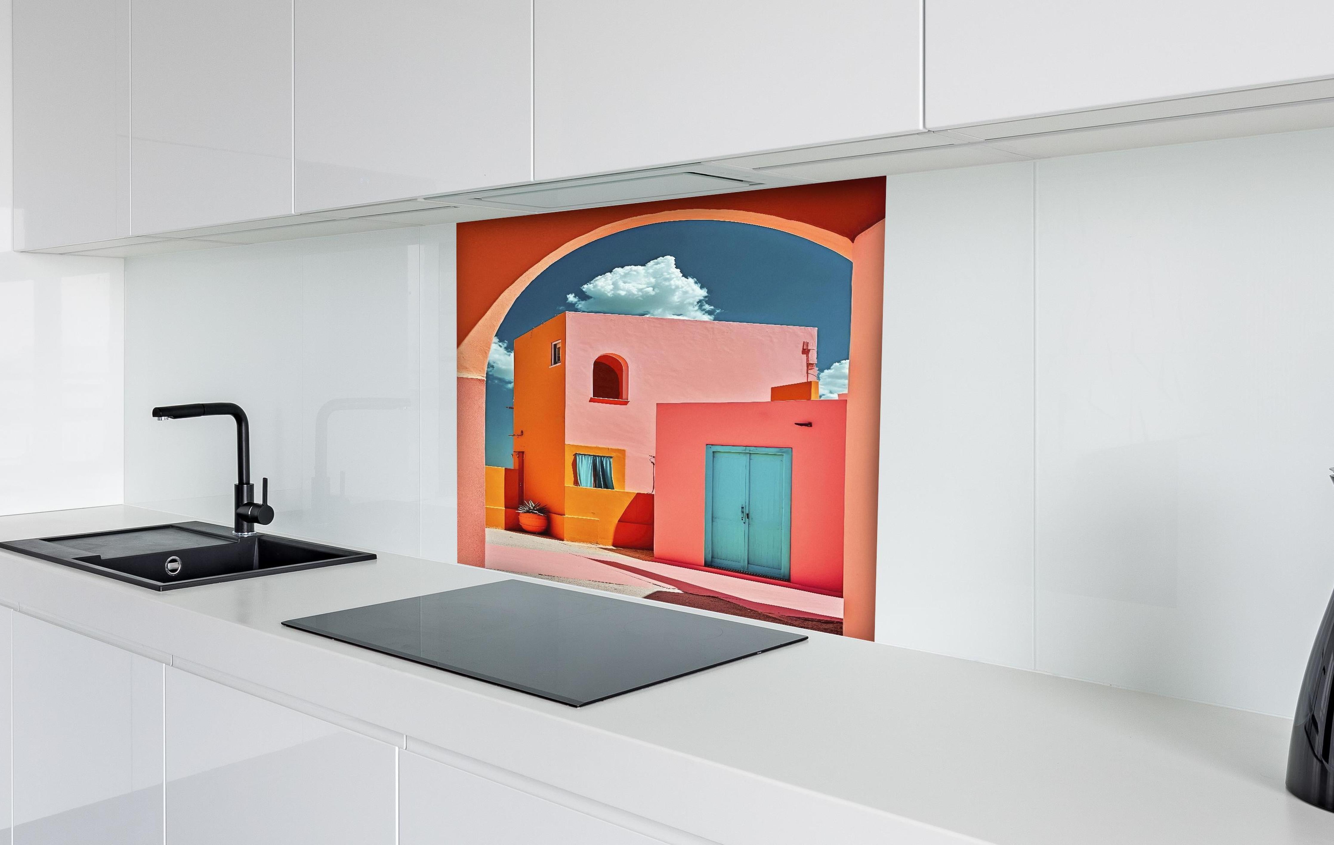 Spritzschutz - Buntes Dorf Mediterranes Flair hinter einem Cerankochfeld zwischen Holz-Kochutensilien
