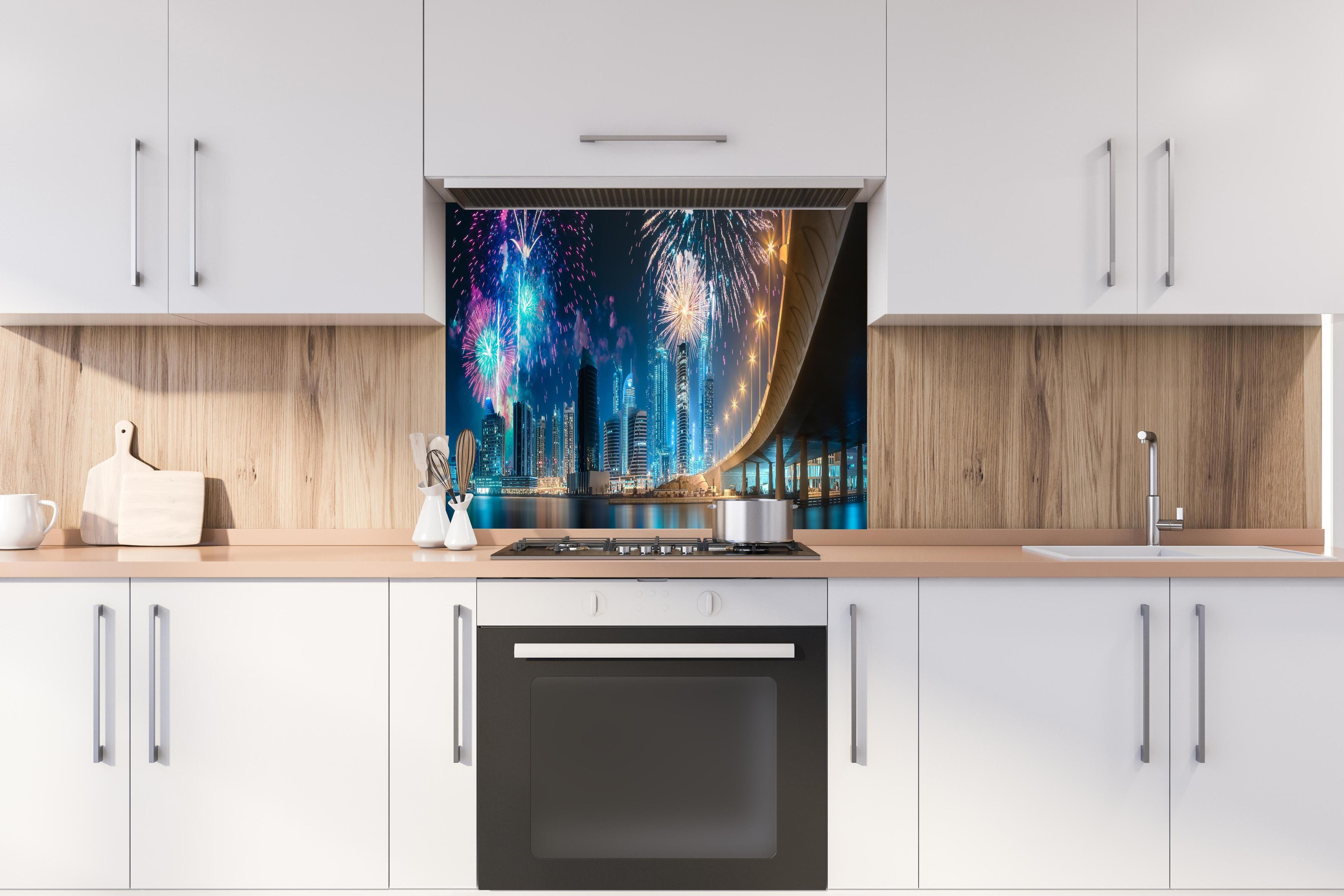 Spritzschutz - Buntes Feuerwerk über Dubai Business Bay hinter einem Cerankochfeld zwischen Holz-Kochutensilien
