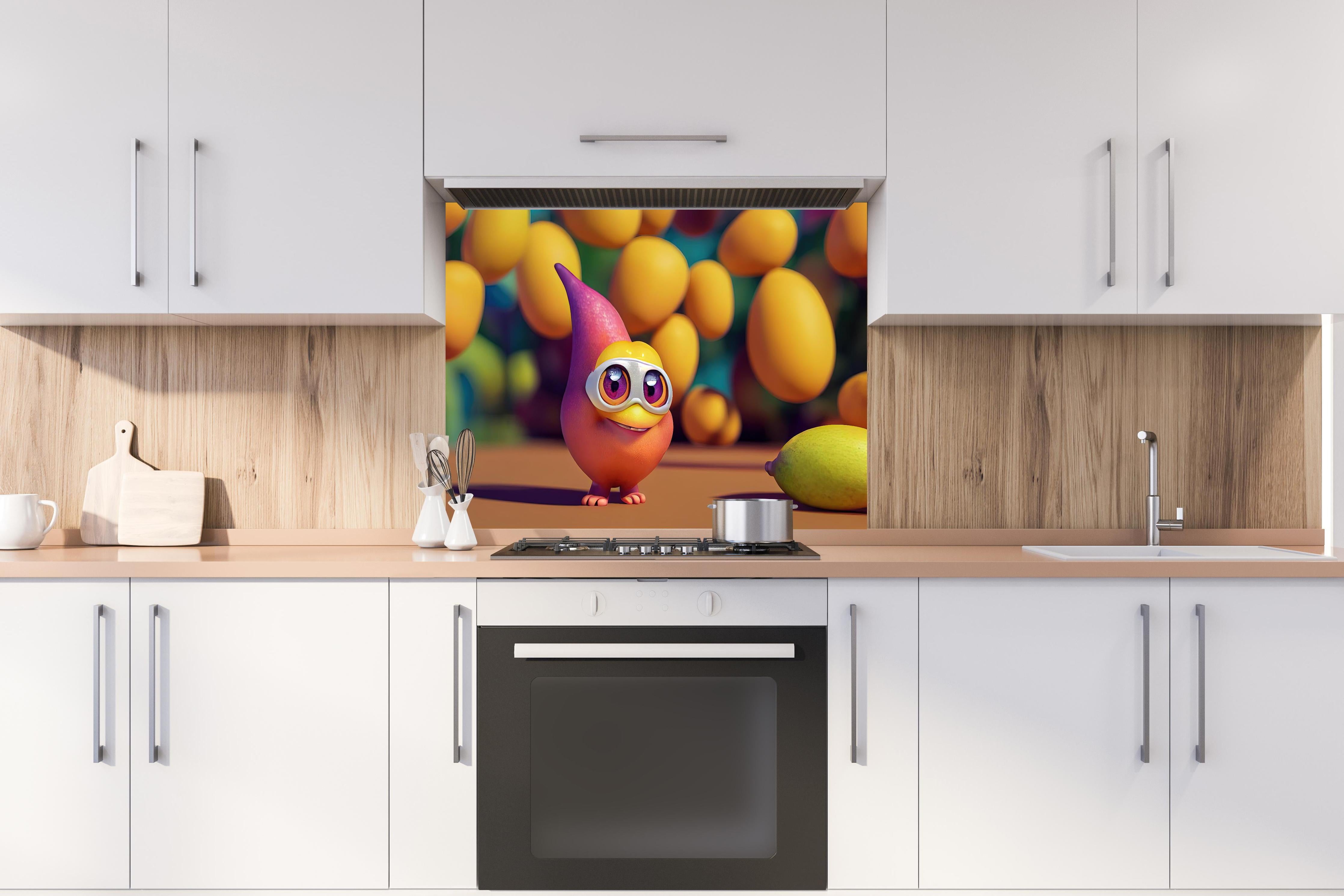 Spritzschutz - Cartoon Mangos hinter einem Cerankochfeld zwischen Holz-Kochutensilien
