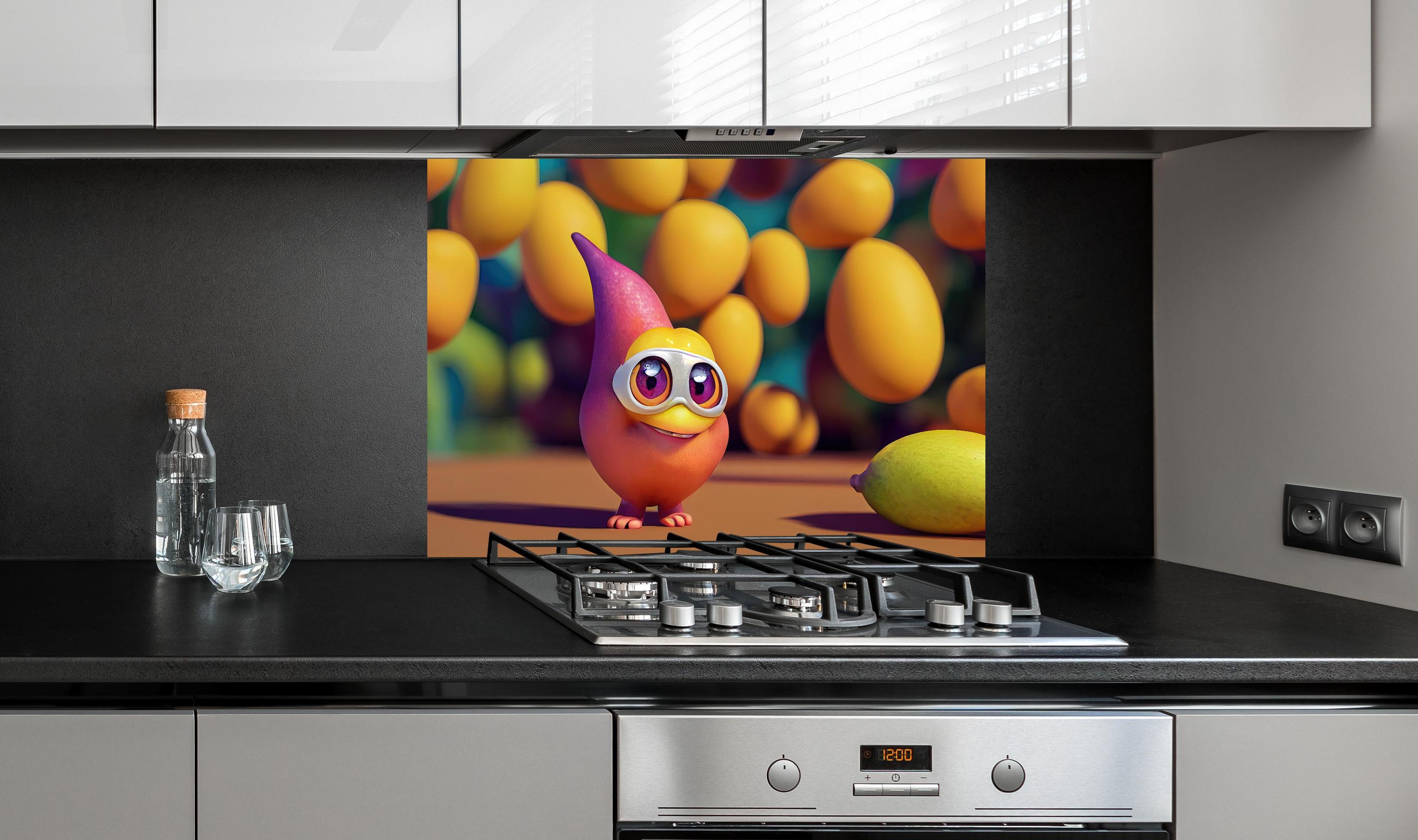 Spritzschutz - Cartoon Mangos hinter einem Cerankochfeld zwischen Holz-Kochutensilien
