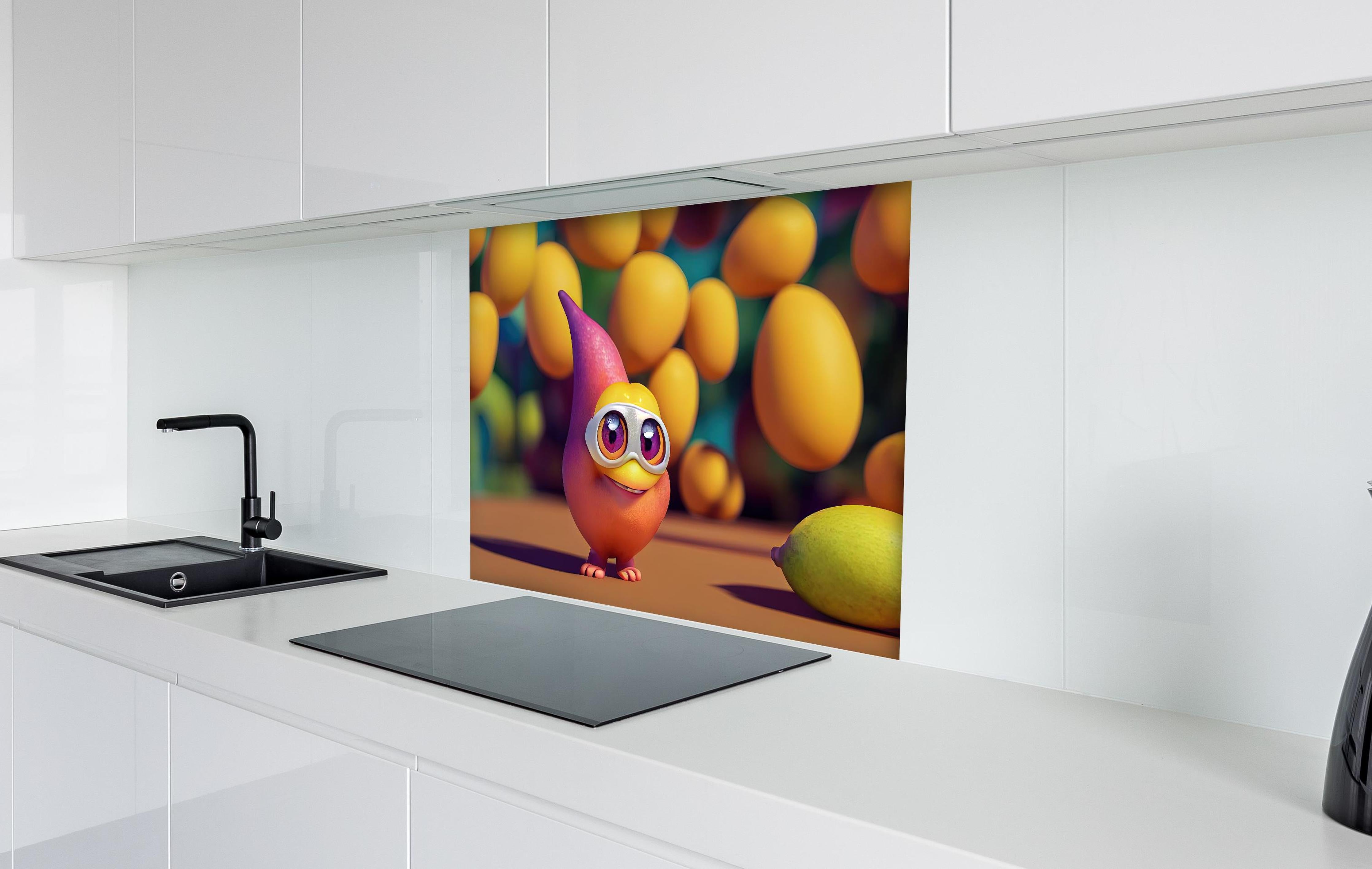 Spritzschutz - Cartoon Mangos hinter einem Cerankochfeld zwischen Holz-Kochutensilien
