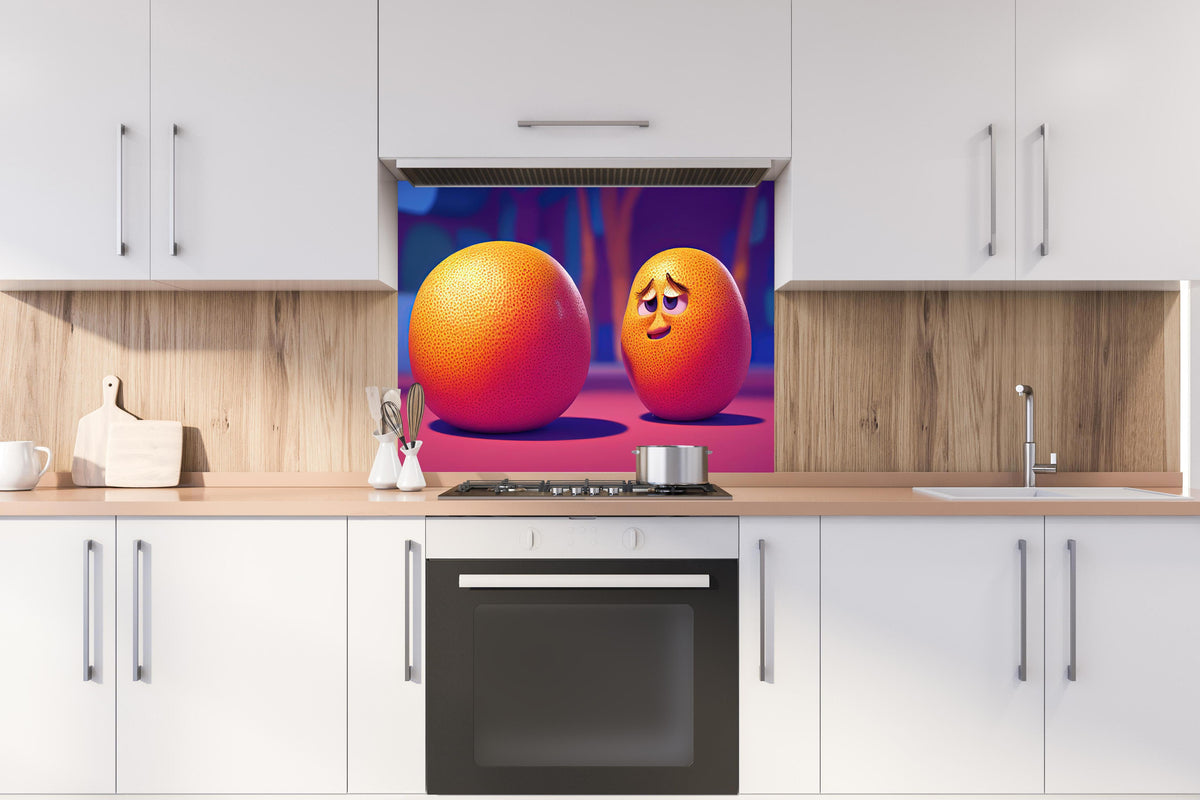 Spritzschutz - Cartoon Orangen hinter einem Cerankochfeld zwischen Holz-Kochutensilien

