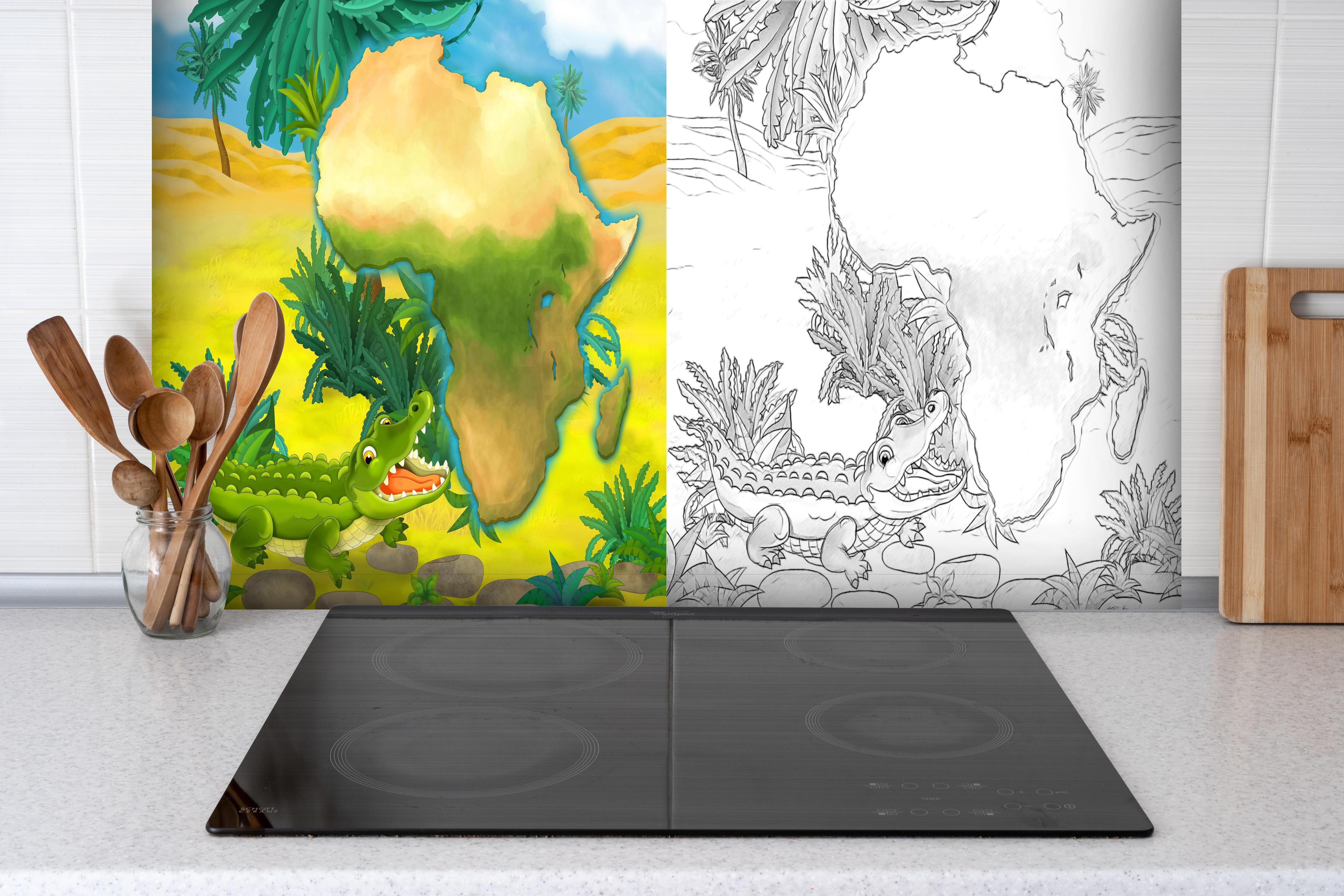 Spritzschutz - Cartoon Skizze eines Krokodils hinter einem Cerankochfeld zwischen Holz-Kochutensilien
