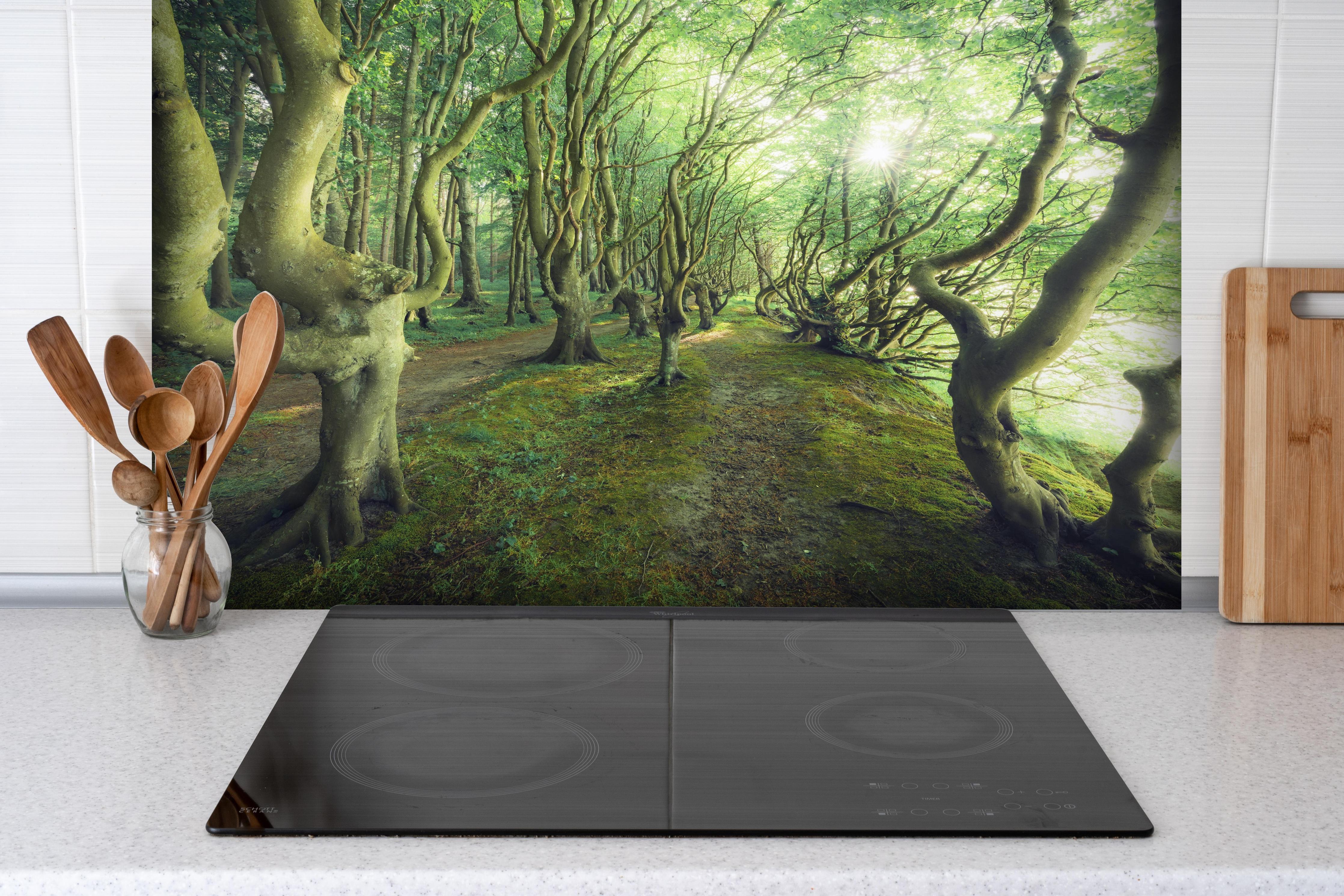 Spritzschutz - Crazy Lane hinter einem Cerankochfeld zwischen Holz-Kochutensilien
