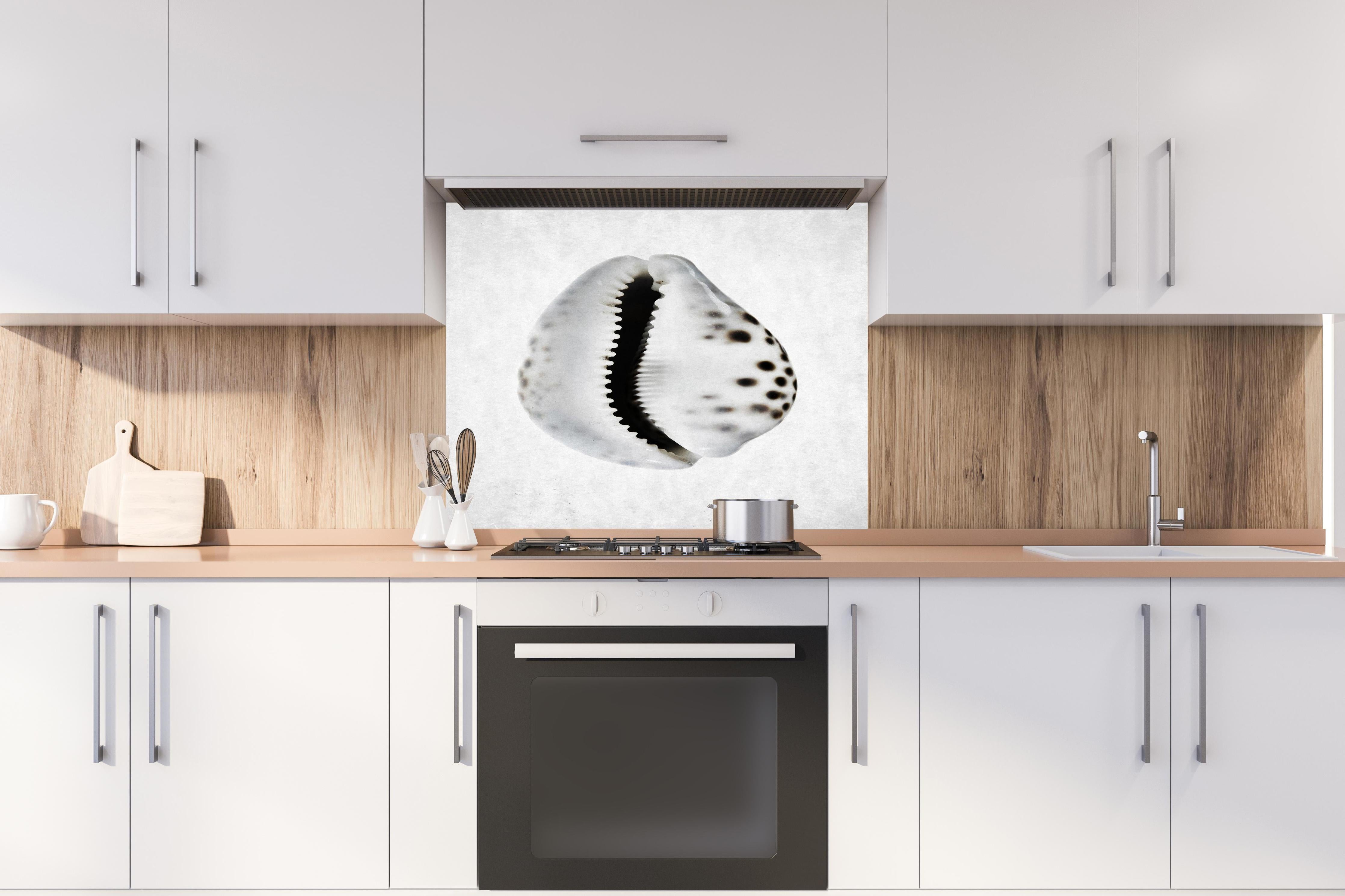 Spritzschutz - Detailbild Weiße Schnecke mit Grau-Sprenkeln hinter einem Cerankochfeld zwischen Holz-Kochutensilien
