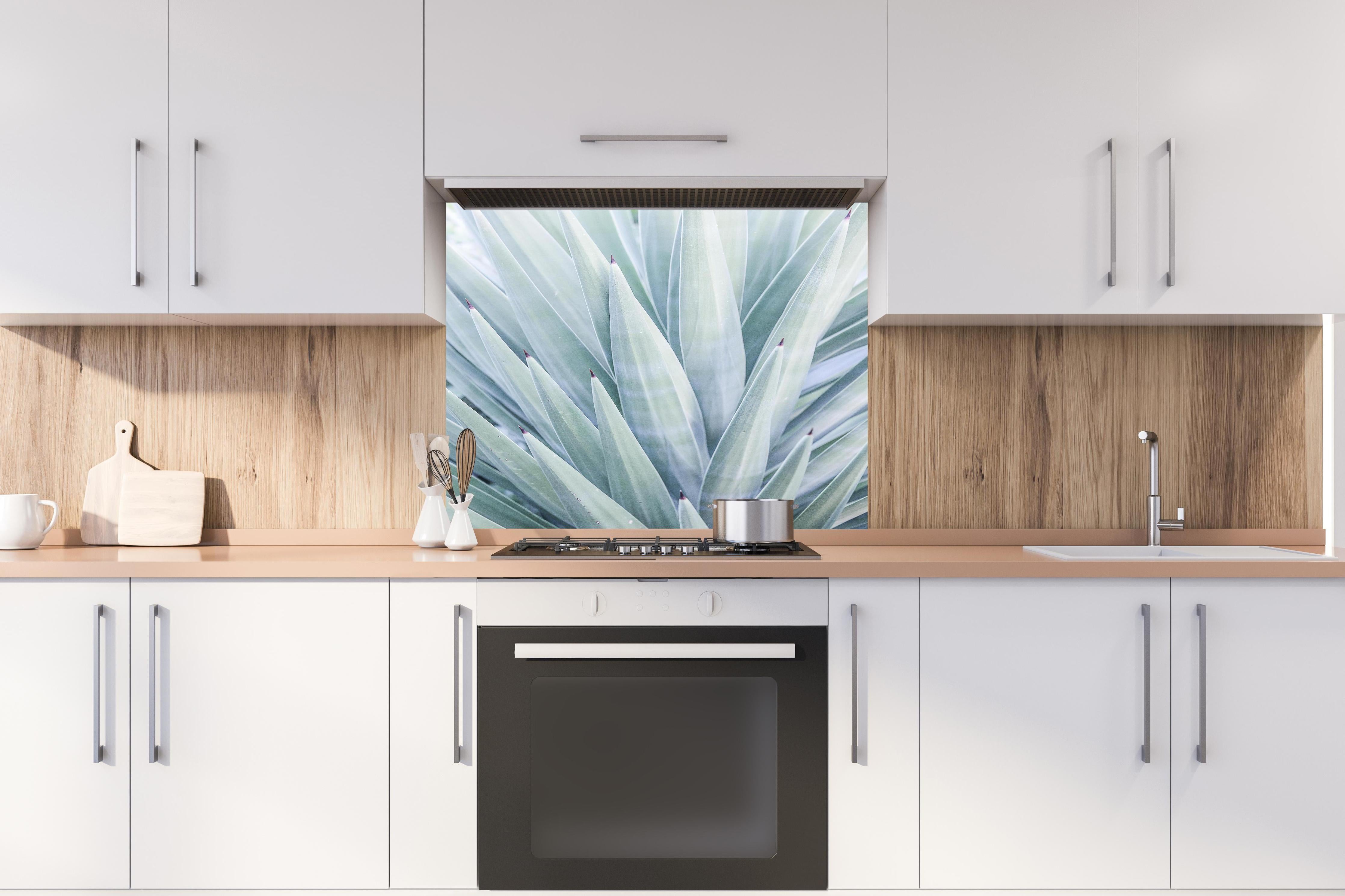 Spritzschutz - Detailreiche Grün-Töne Agaven Blatt-Textur hinter einem Cerankochfeld zwischen Holz-Kochutensilien
