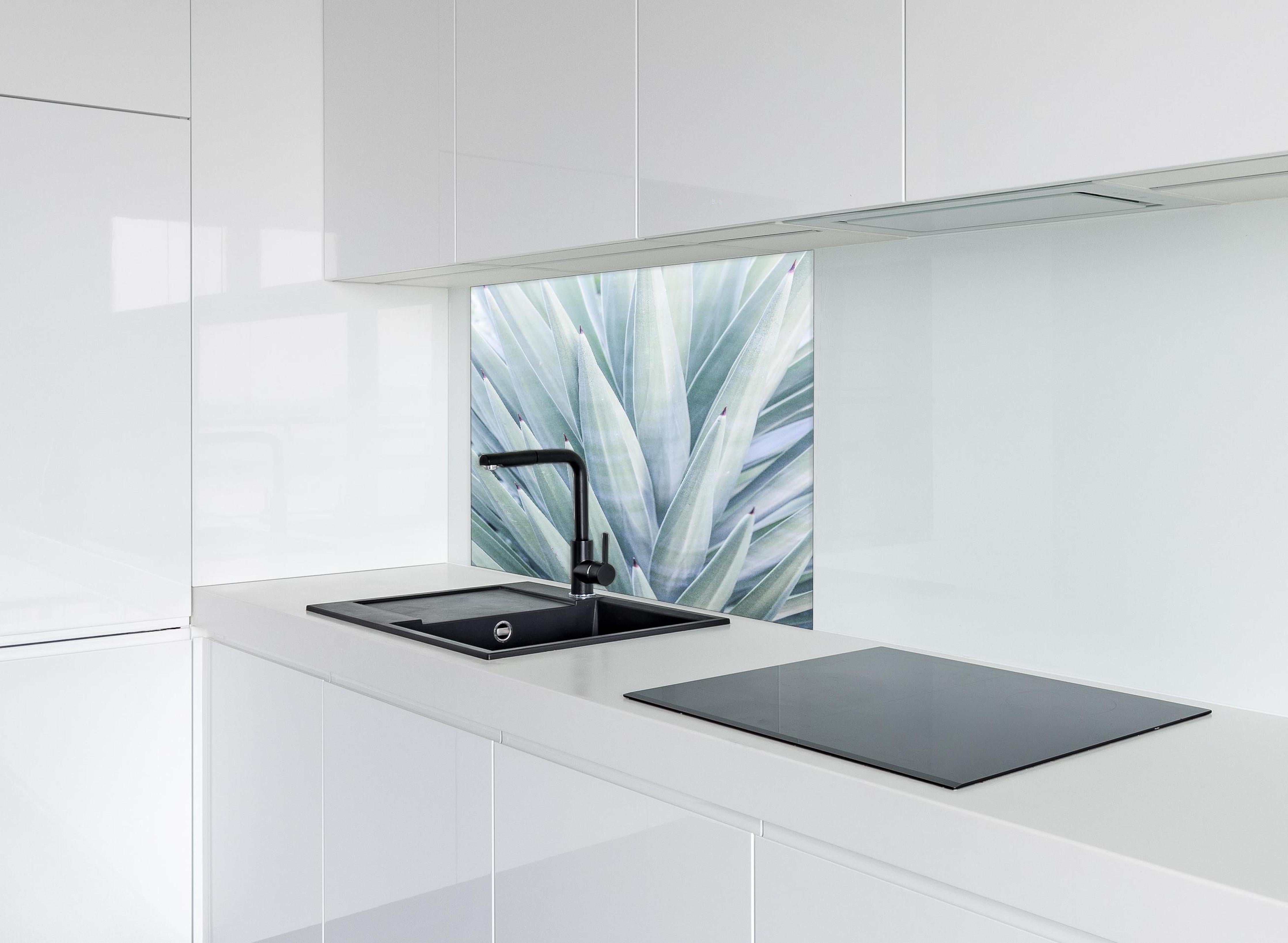 Spritzschutz - Detailreiche Grün-Töne Agaven Blatt-Textur hinter einem Cerankochfeld zwischen Holz-Kochutensilien
