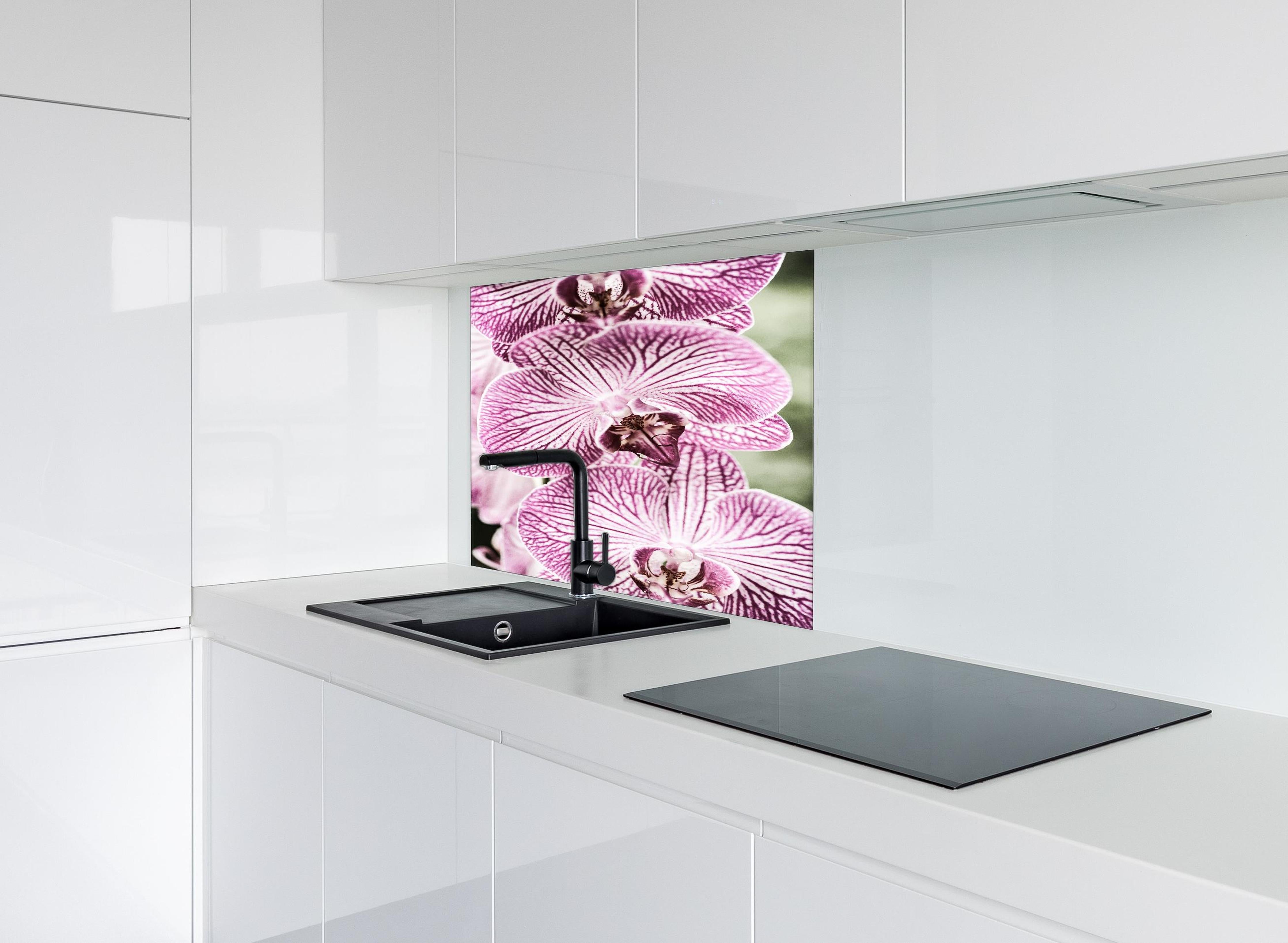 Spritzschutz - Detailreiche Orchideen Makroaufnahme in Pink-Lila hinter einem Cerankochfeld zwischen Holz-Kochutensilien
