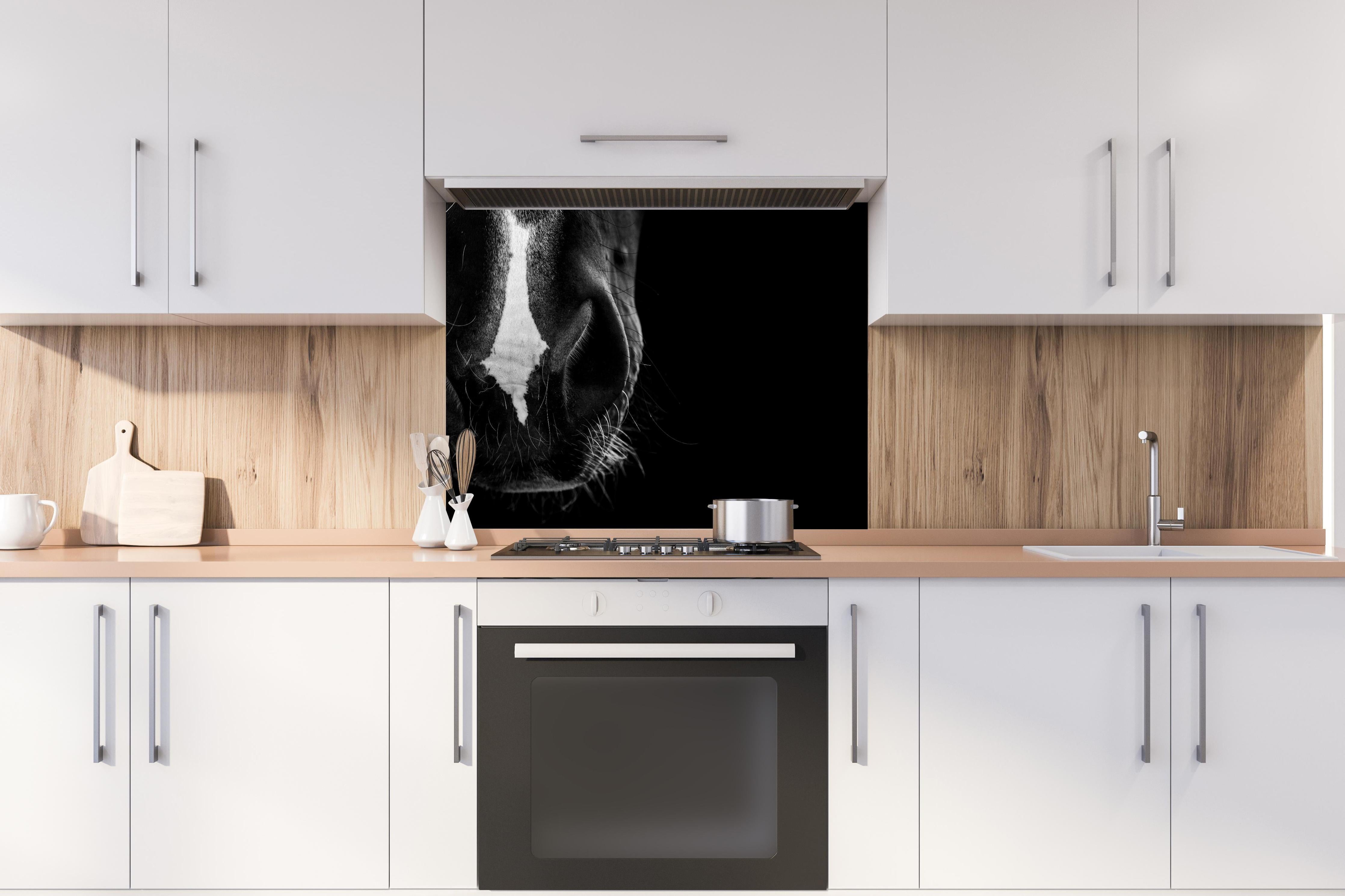 Spritzschutz - Detailreiche Pferdenase in Schwarz-Weiß hinter einem Cerankochfeld zwischen Holz-Kochutensilien
