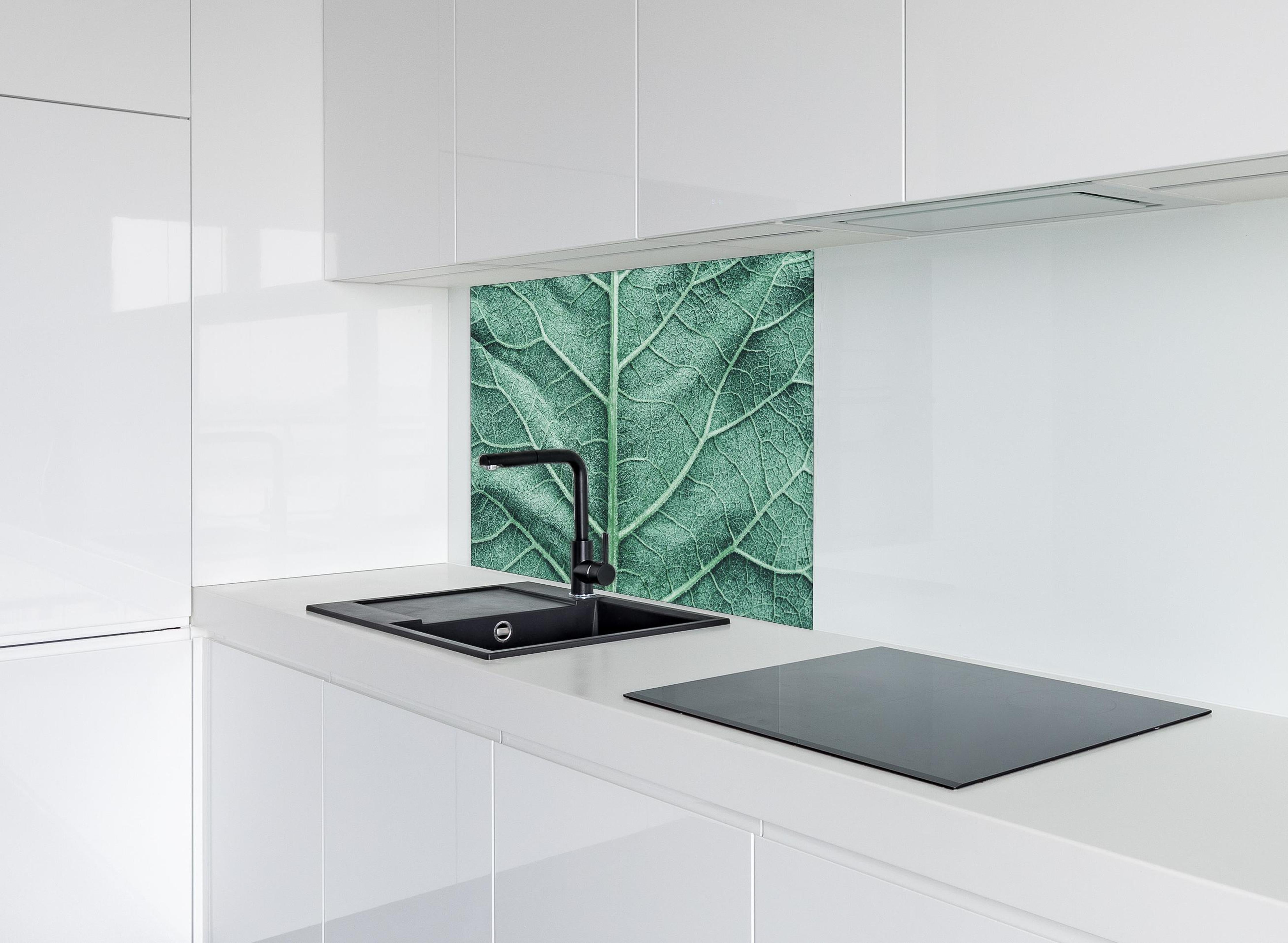 Spritzschutz - Detailreiche grüne Klettenblatt Makroaufnahme hinter einem Cerankochfeld zwischen Holz-Kochutensilien
