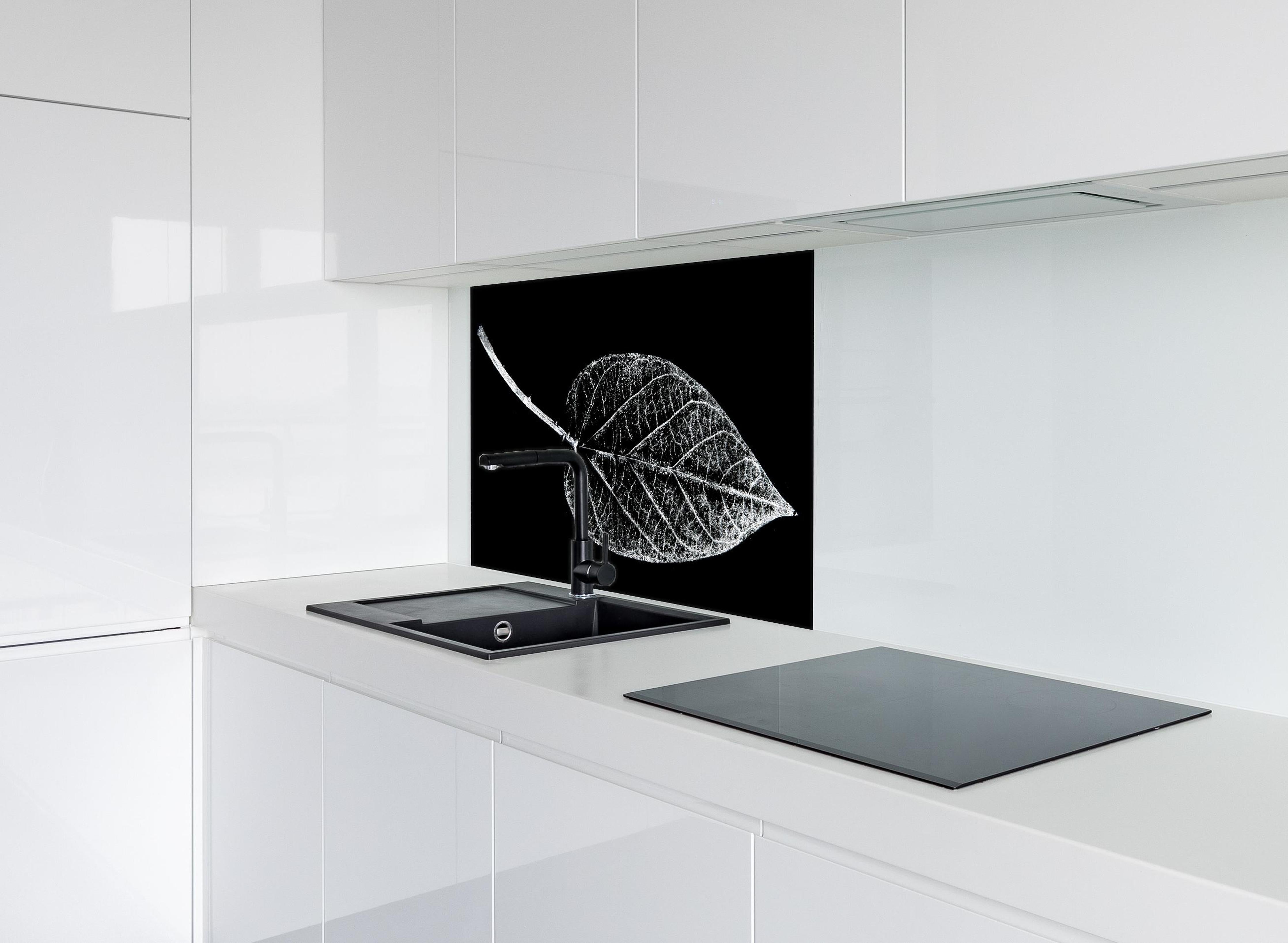 Spritzschutz - Detailreiches Laubblatt in Schwarz und Weiß hinter einem Cerankochfeld zwischen Holz-Kochutensilien
