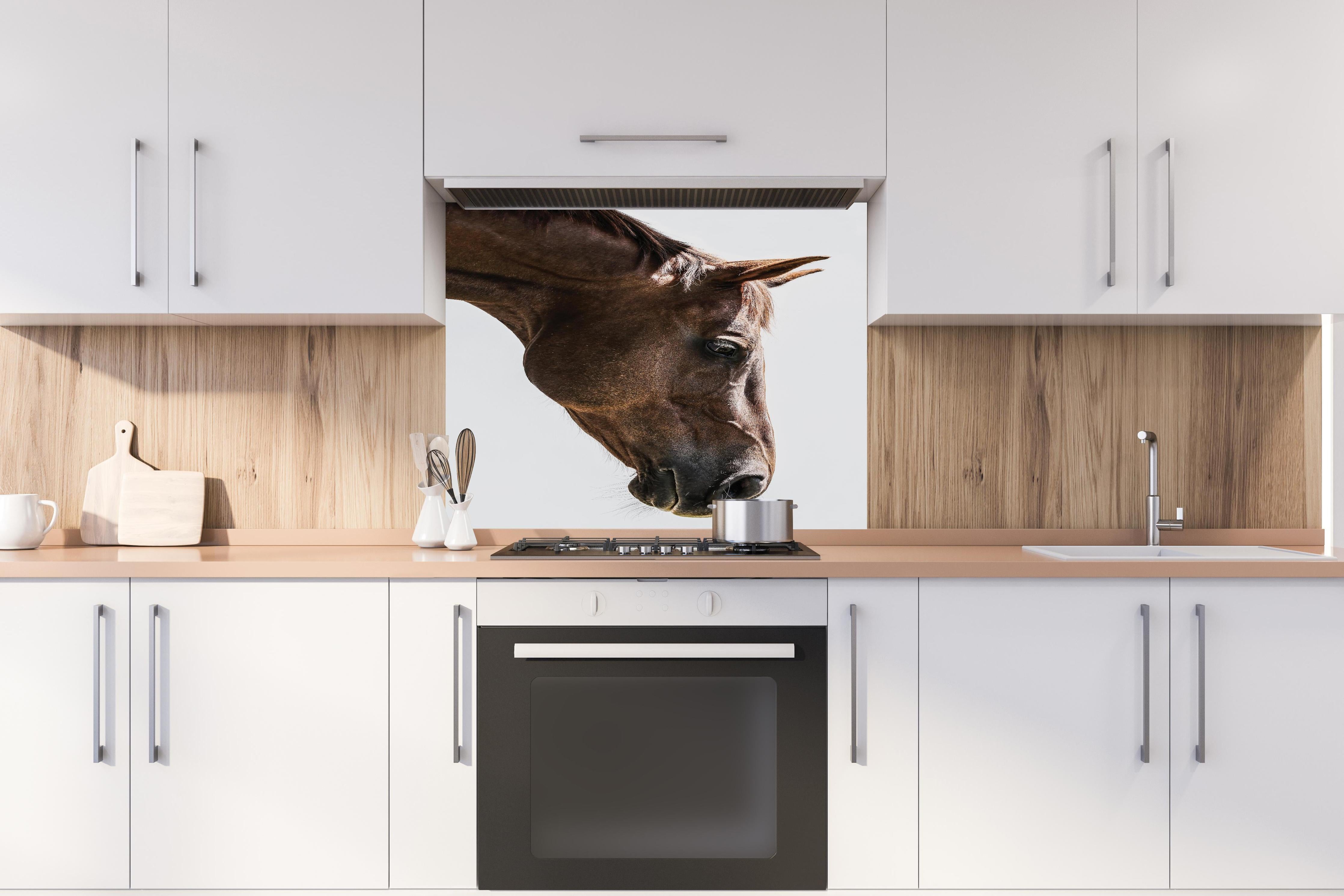 Spritzschutz - Detailreiches Pferdeauge, Makro, Hellbraun hinter einem Cerankochfeld zwischen Holz-Kochutensilien
