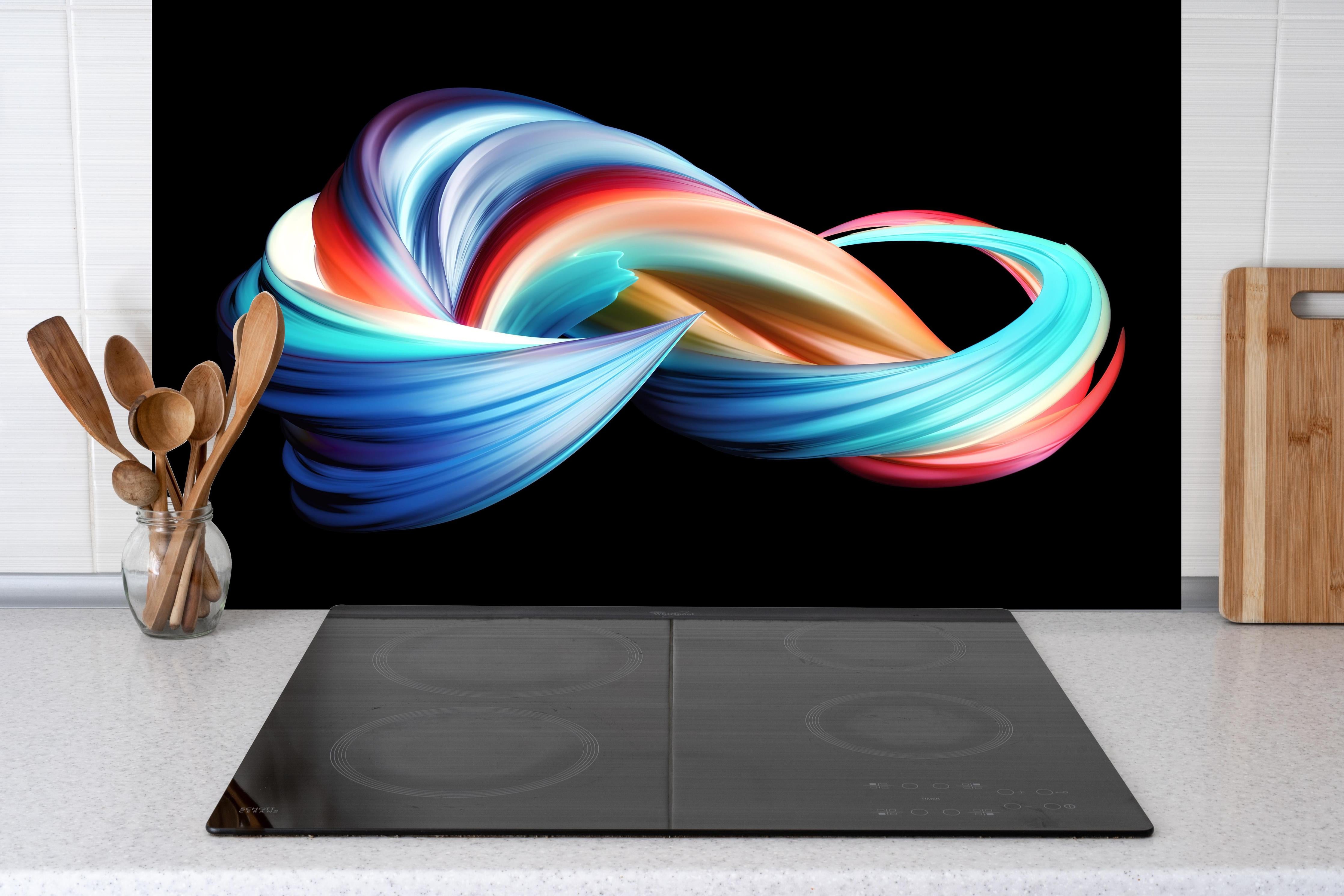 Spritzschutz - Digitale Kunst - 3D hinter einem Cerankochfeld zwischen Holz-Kochutensilien
