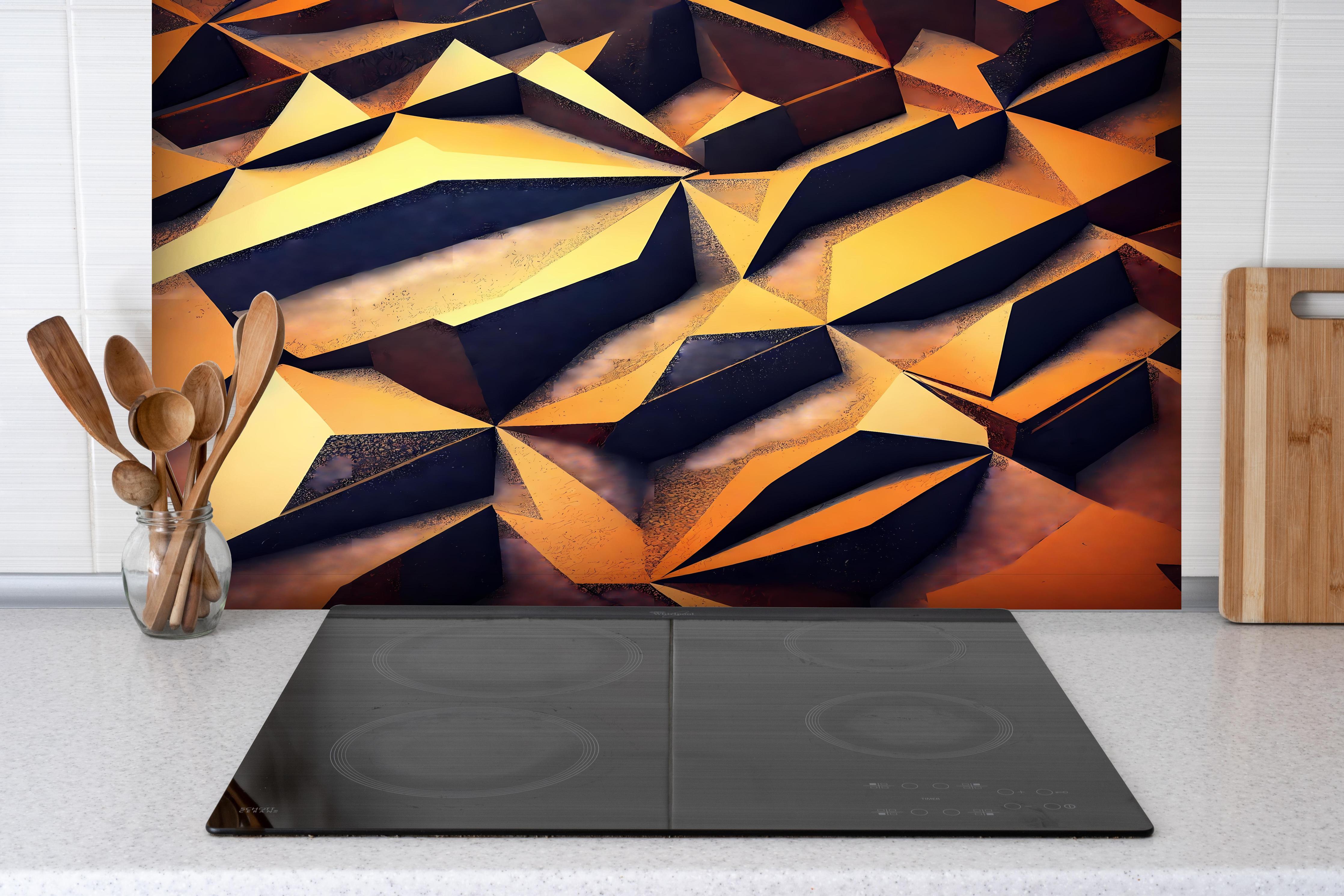 Spritzschutz - Digitales, goldenes Muster hinter einem Cerankochfeld zwischen Holz-Kochutensilien
