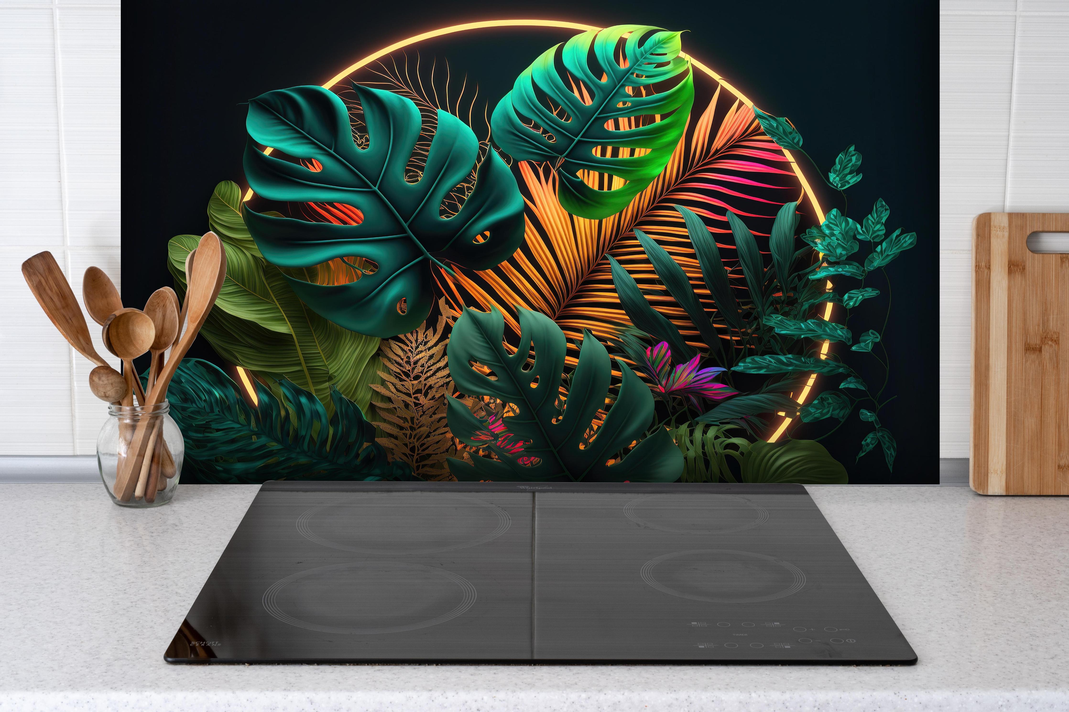 Spritzschutz - Dunkelgrüne tropische Blätter buntes Neonlicht hinter einem Cerankochfeld zwischen Holz-Kochutensilien
