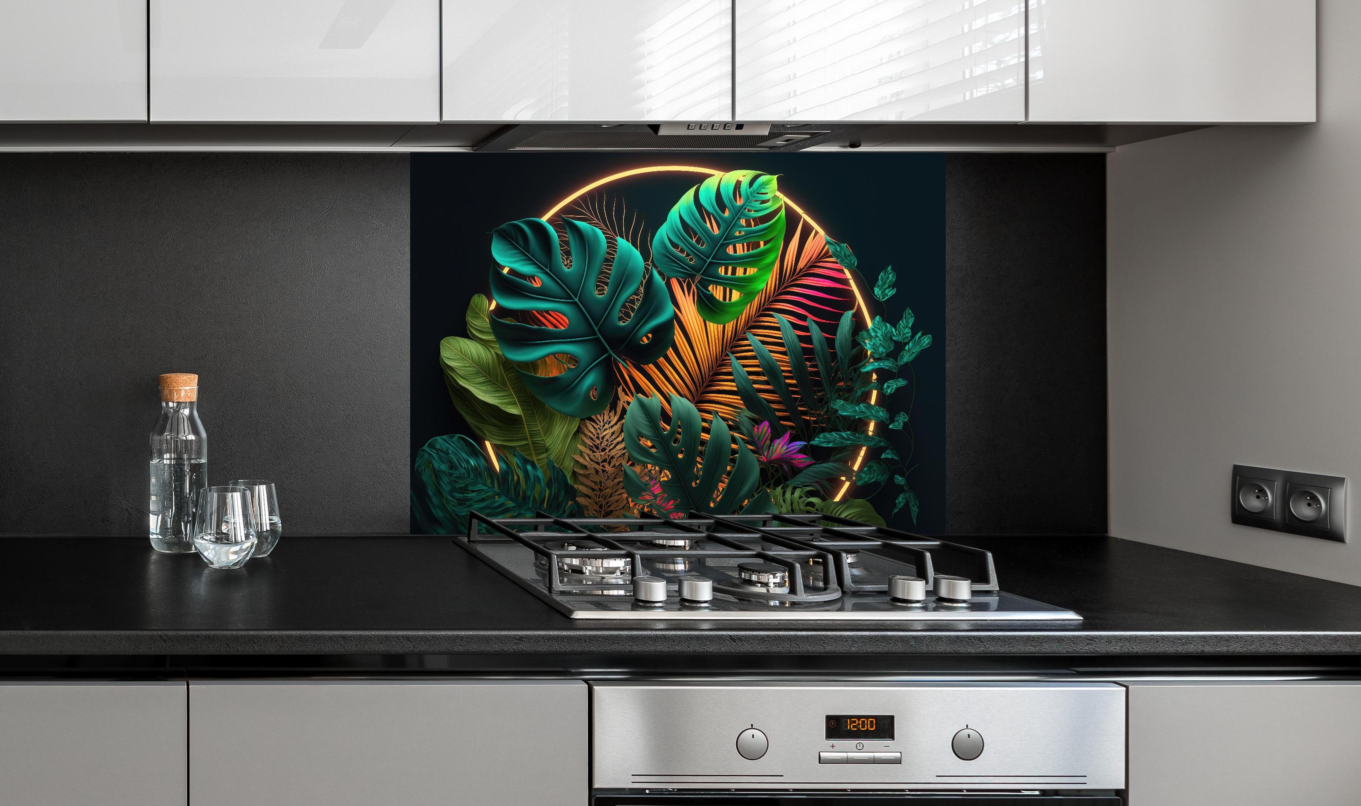 Spritzschutz - Dunkelgrüne tropische Blätter buntes Neonlicht hinter einem Cerankochfeld zwischen Holz-Kochutensilien
