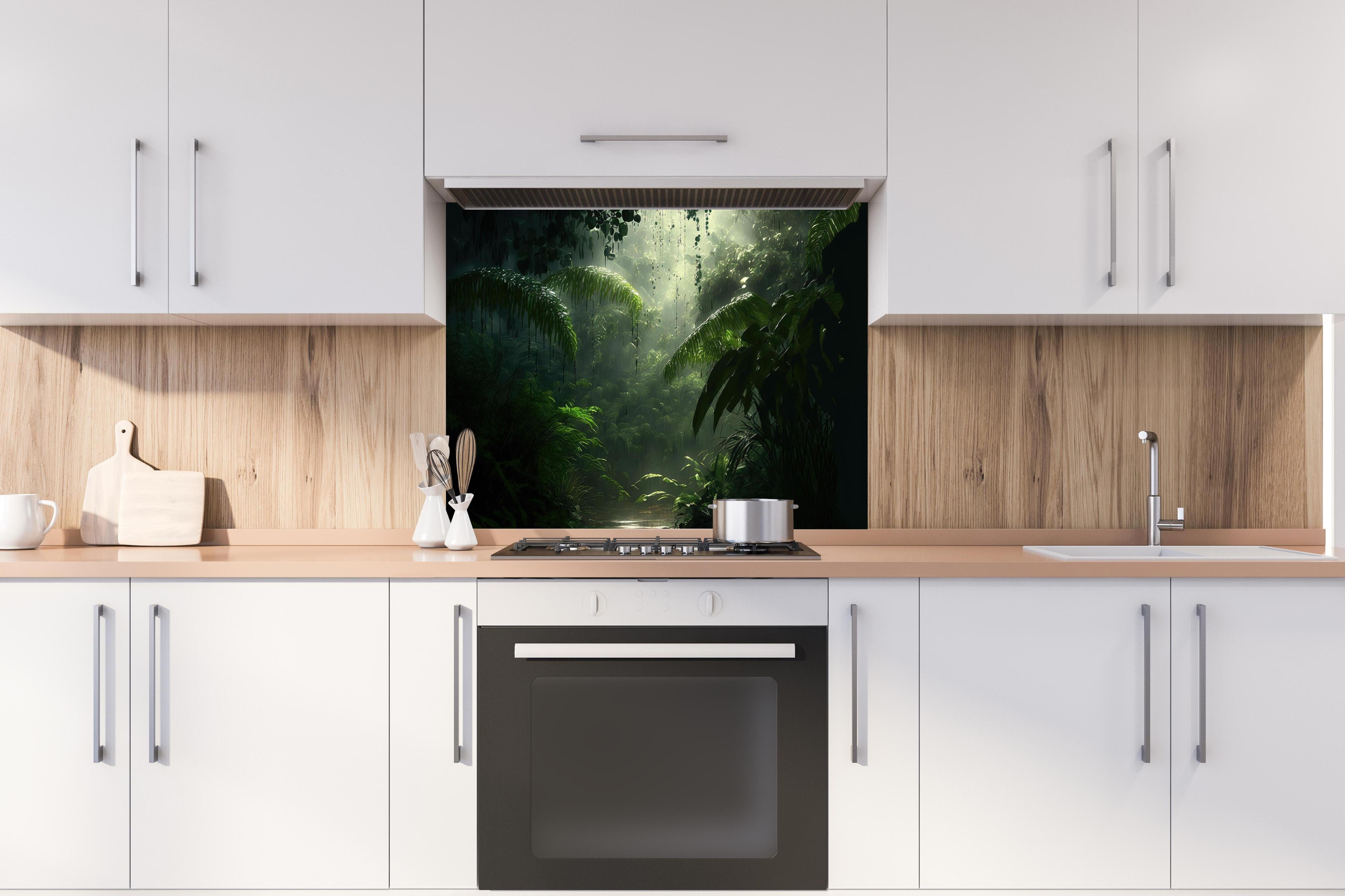 Spritzschutz - Dunkler tropischer Wald im Regen hinter einem Cerankochfeld zwischen Holz-Kochutensilien
