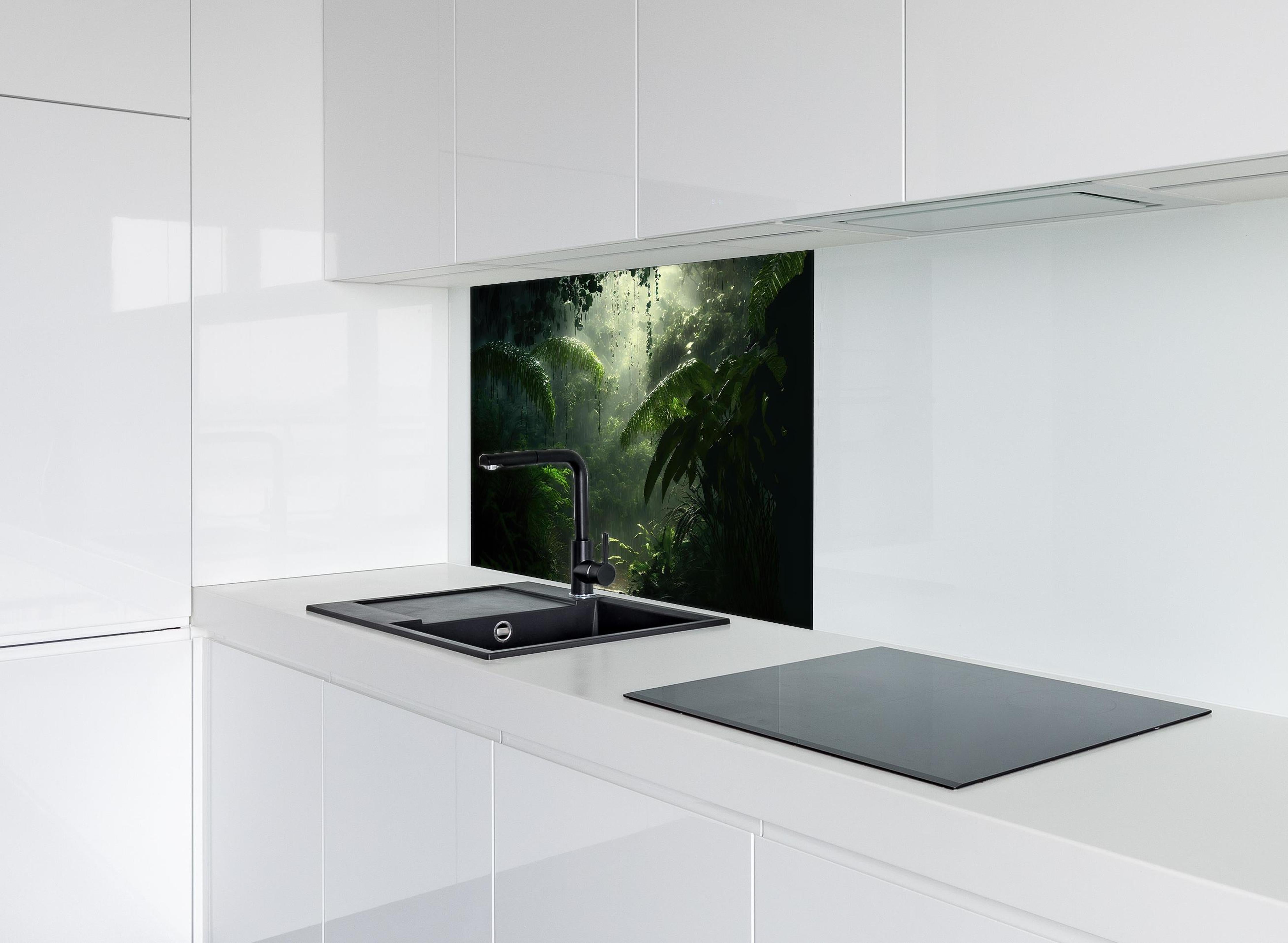 Spritzschutz - Dunkler tropischer Wald im Regen hinter einem Cerankochfeld zwischen Holz-Kochutensilien
