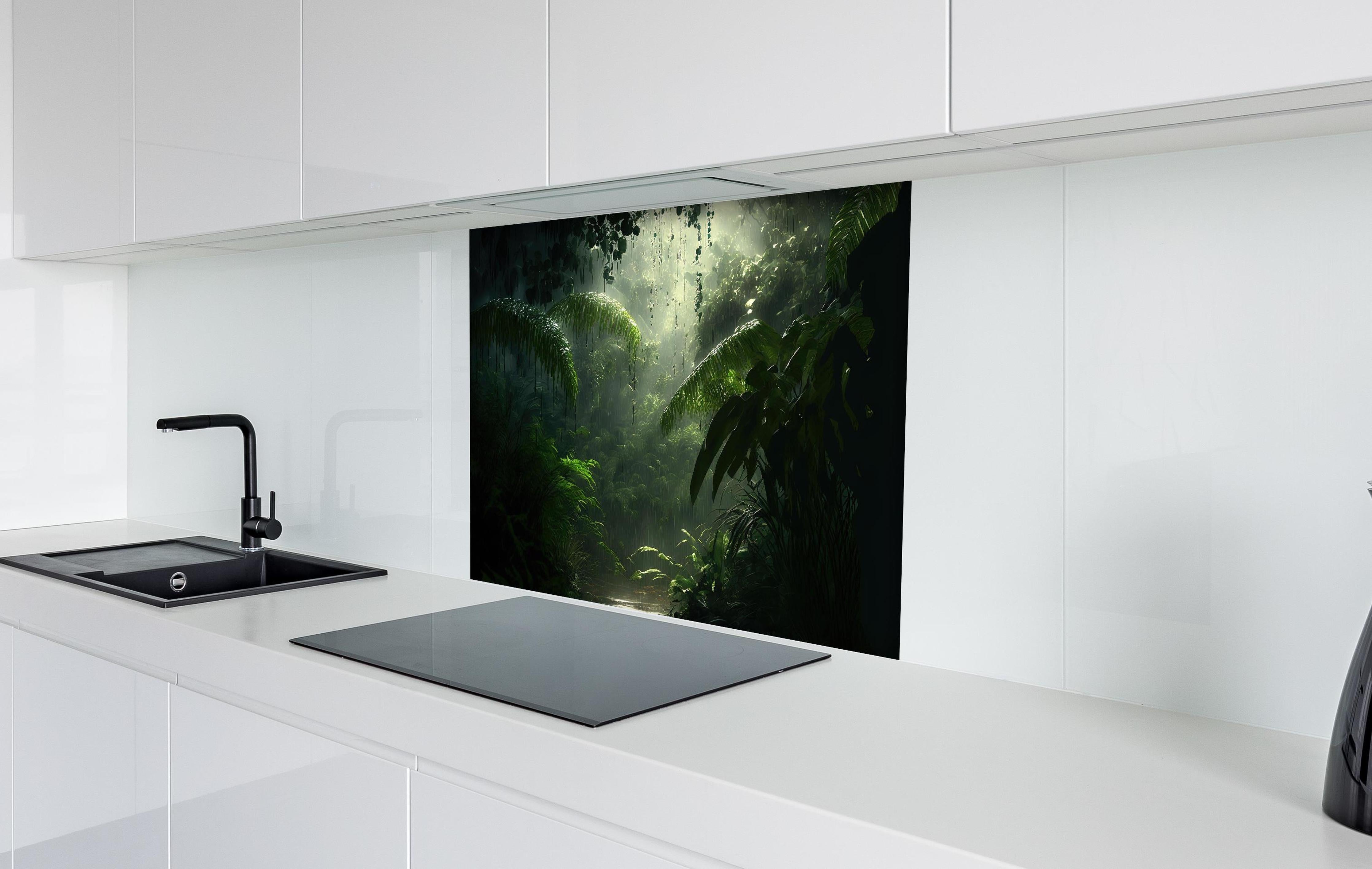 Spritzschutz - Dunkler tropischer Wald im Regen hinter einem Cerankochfeld zwischen Holz-Kochutensilien
