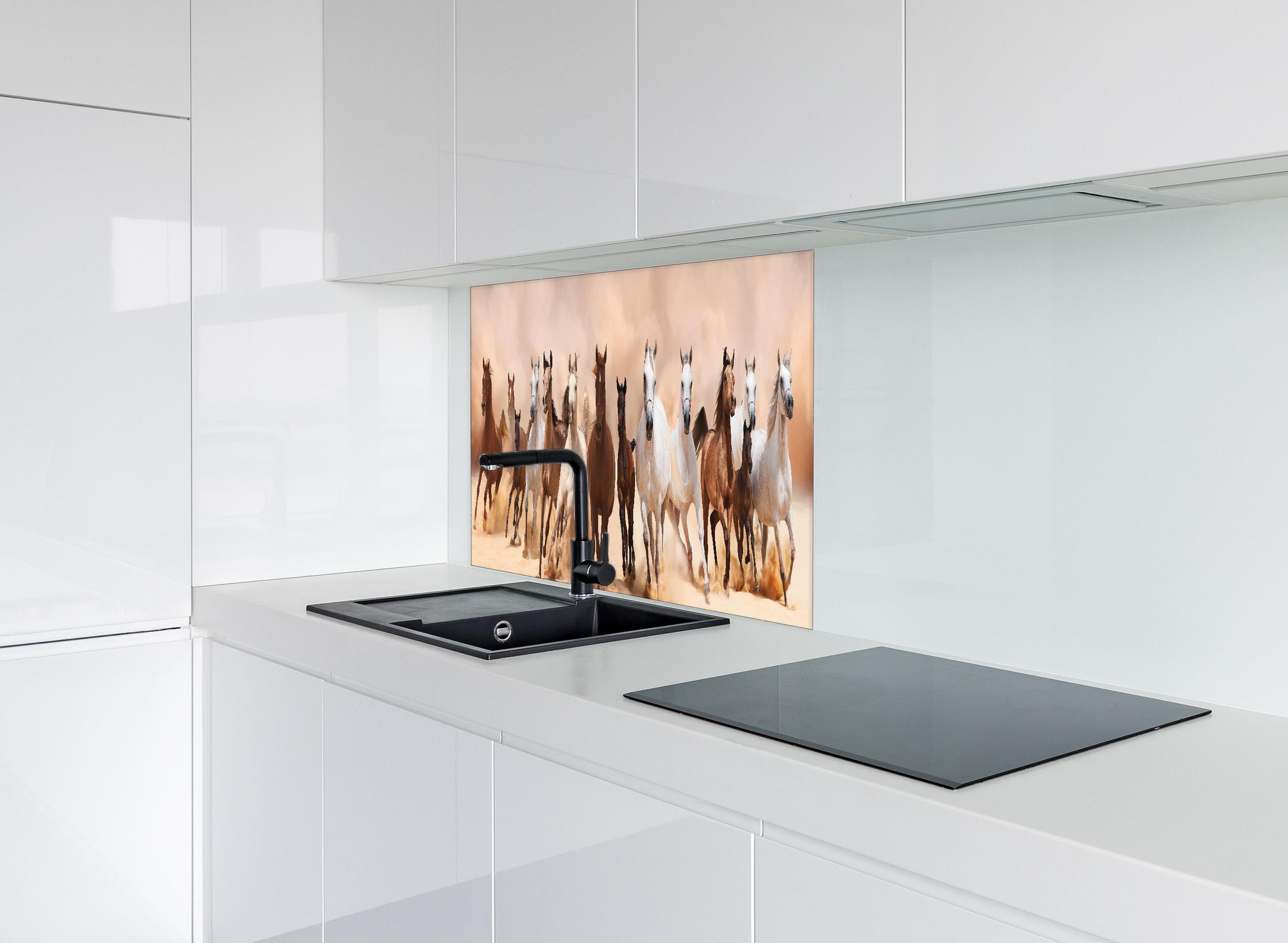 Spritzschutz - Eine Herde von Pferden hinter einem Cerankochfeld zwischen Holz-Kochutensilien
