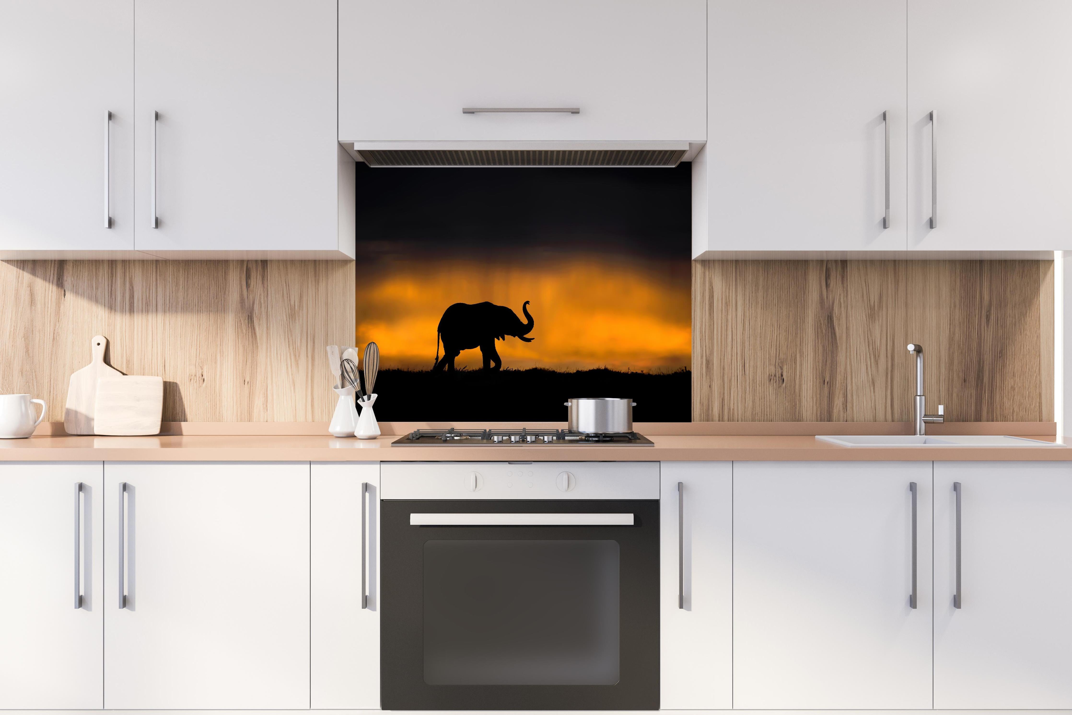 Spritzschutz - Elefant im Sturm hinter einem Cerankochfeld zwischen Holz-Kochutensilien
