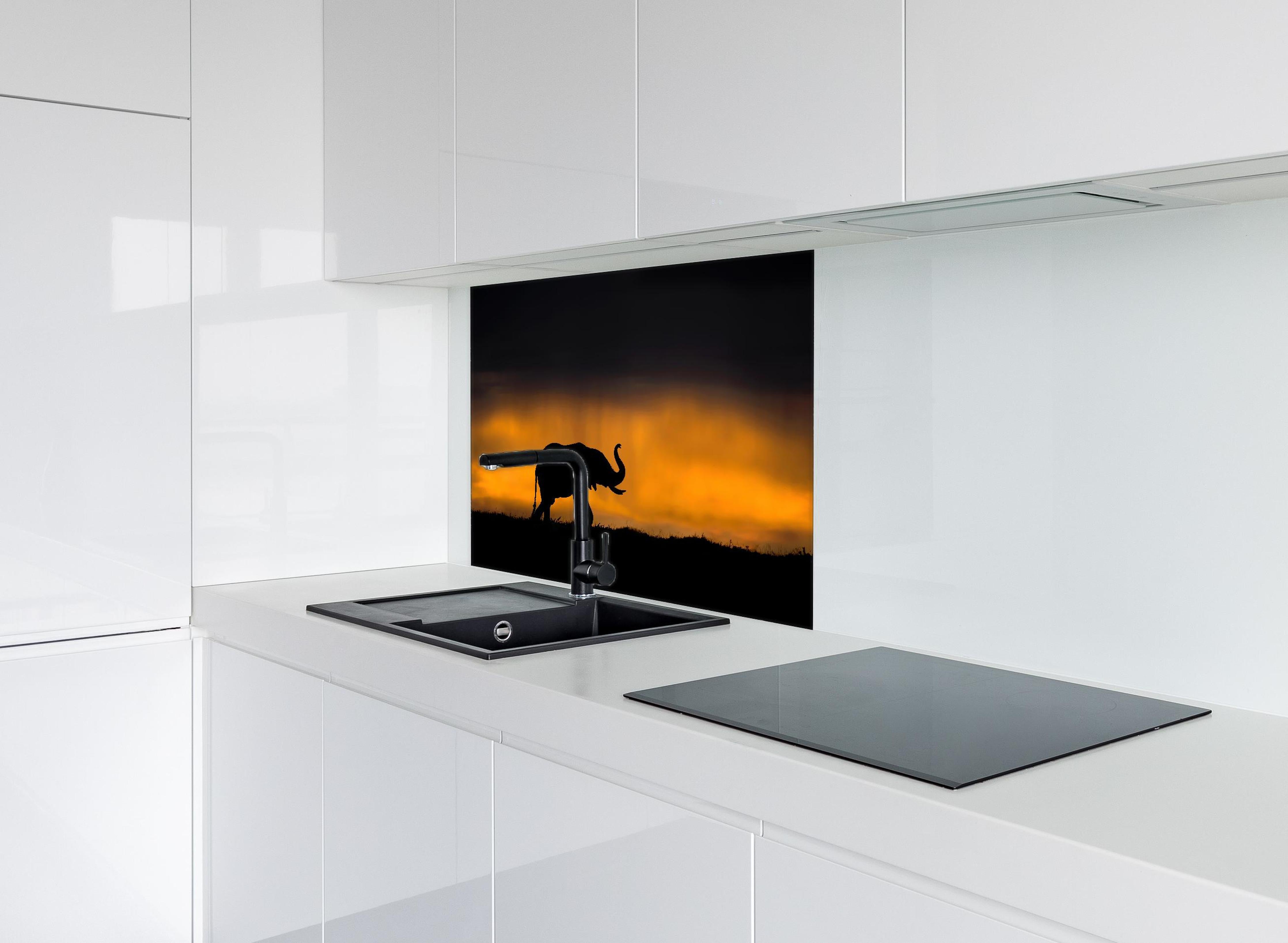 Spritzschutz - Elefant im Sturm hinter einem Cerankochfeld zwischen Holz-Kochutensilien
