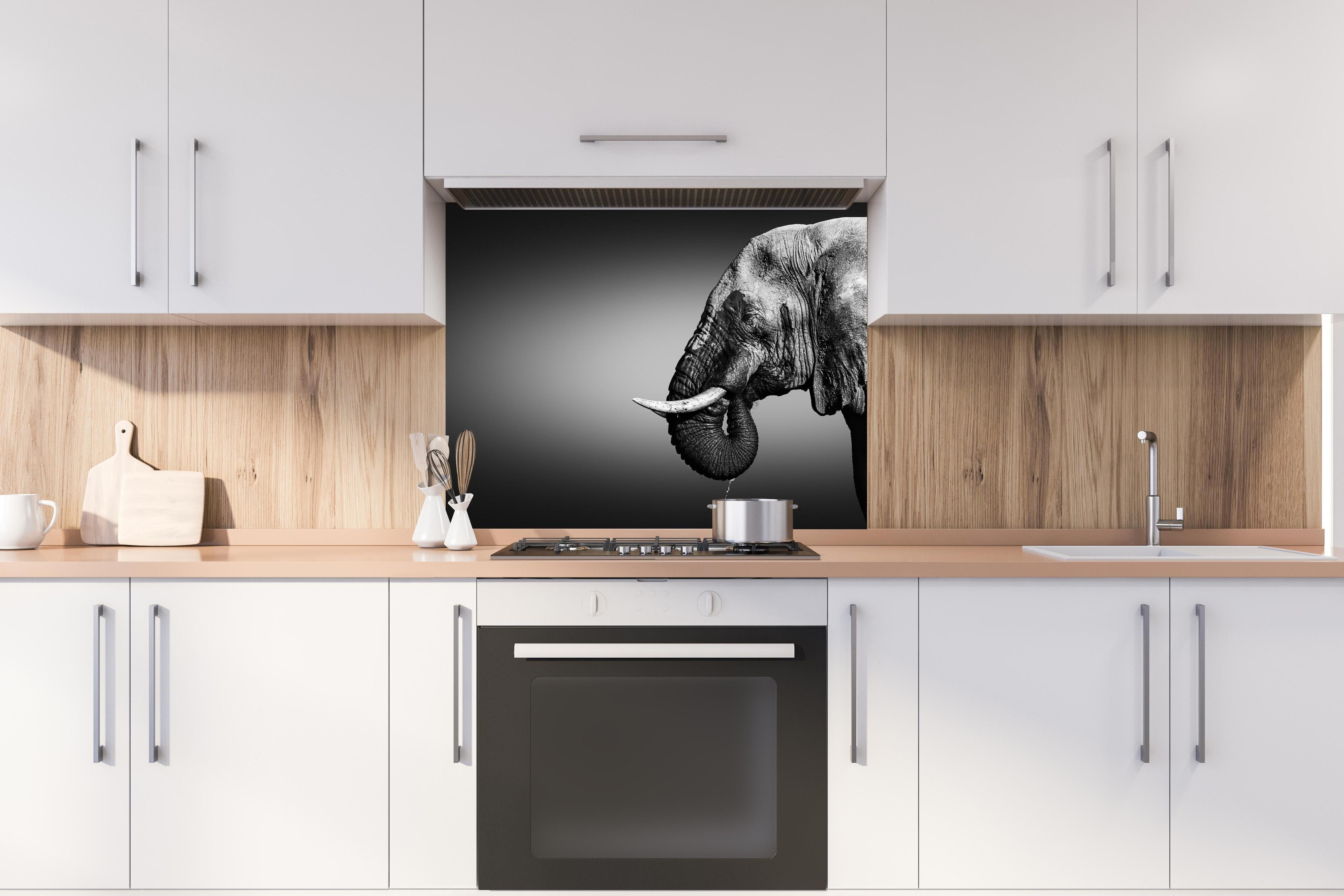 Spritzschutz - Elefanten Portrait hinter einem Cerankochfeld zwischen Holz-Kochutensilien
