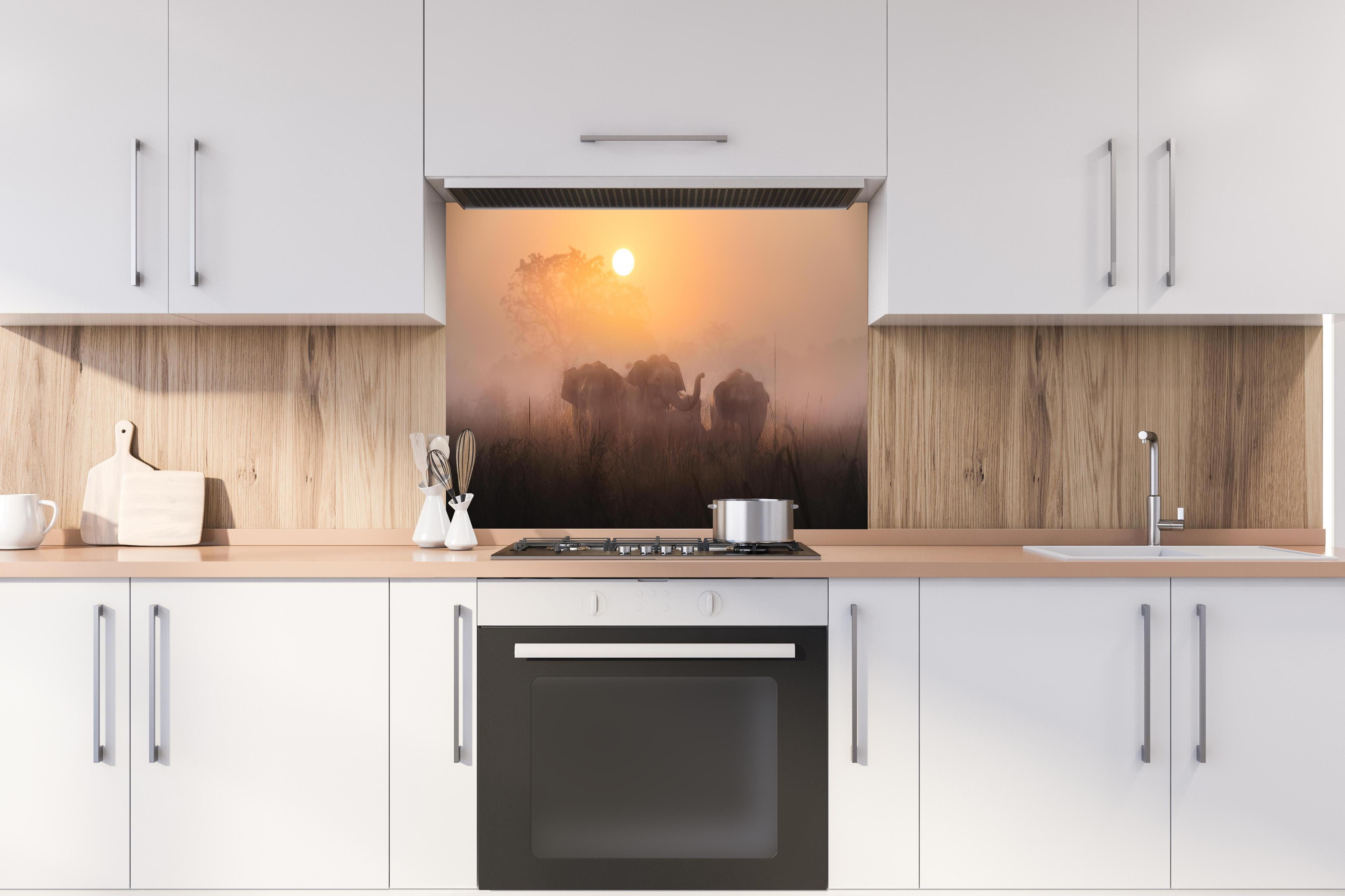 Spritzschutz - Elefanten bei Morgengrauen hinter einem Cerankochfeld zwischen Holz-Kochutensilien
