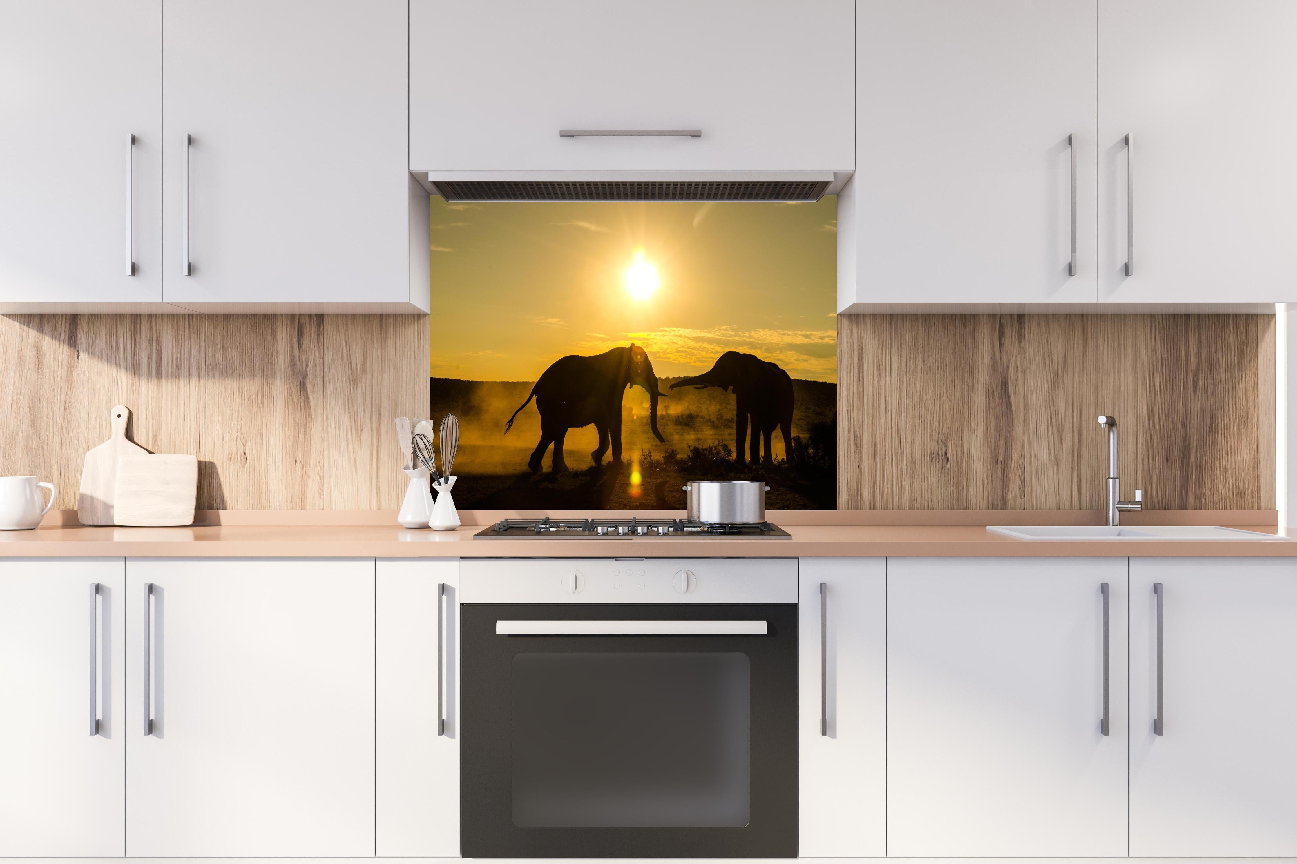 Spritzschutz - Elefanten bei Sonnenuntergang hinter einem Cerankochfeld zwischen Holz-Kochutensilien
