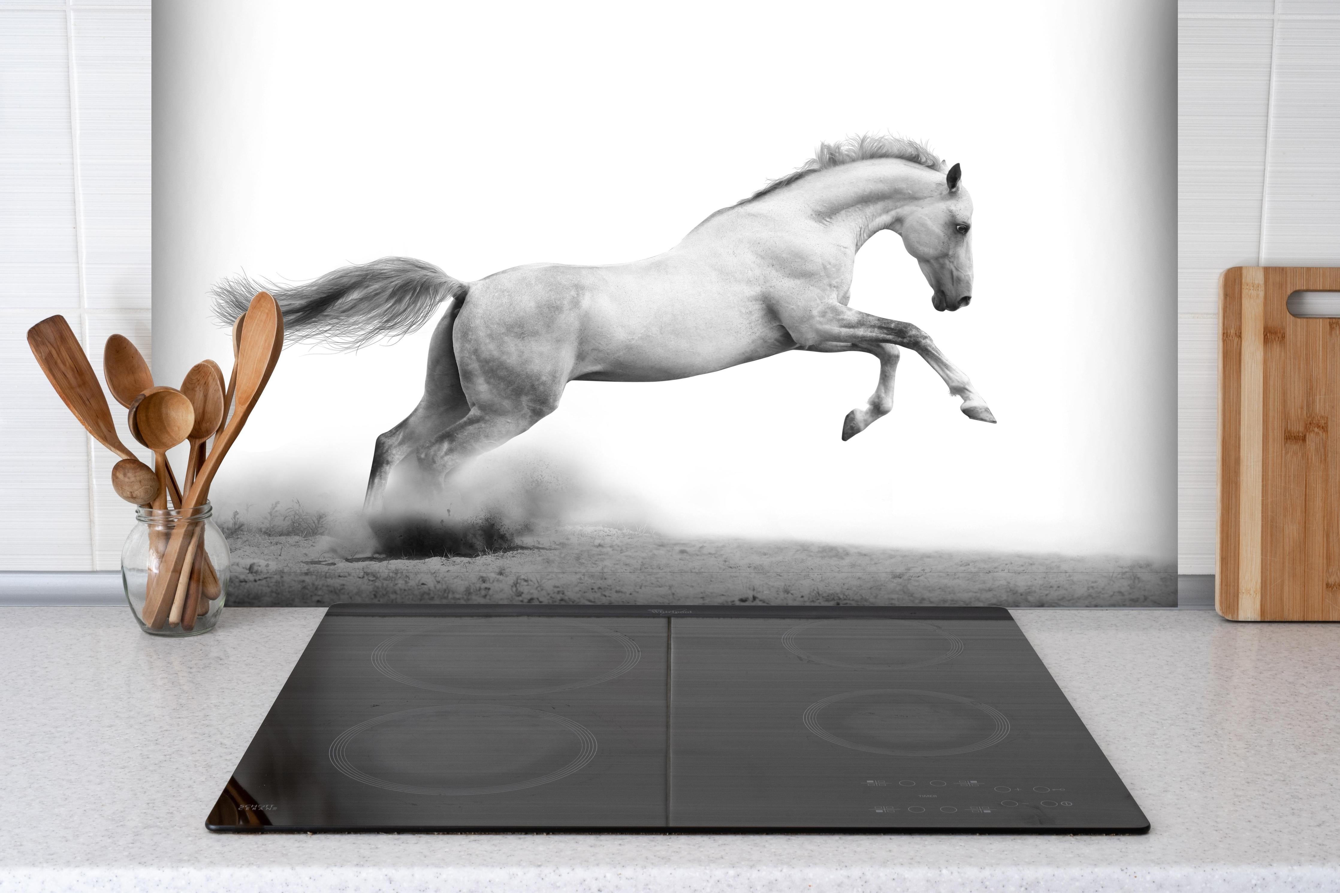 Spritzschutz - Elegantes silberweißes Pferd in Bewegung hinter einem Cerankochfeld zwischen Holz-Kochutensilien
