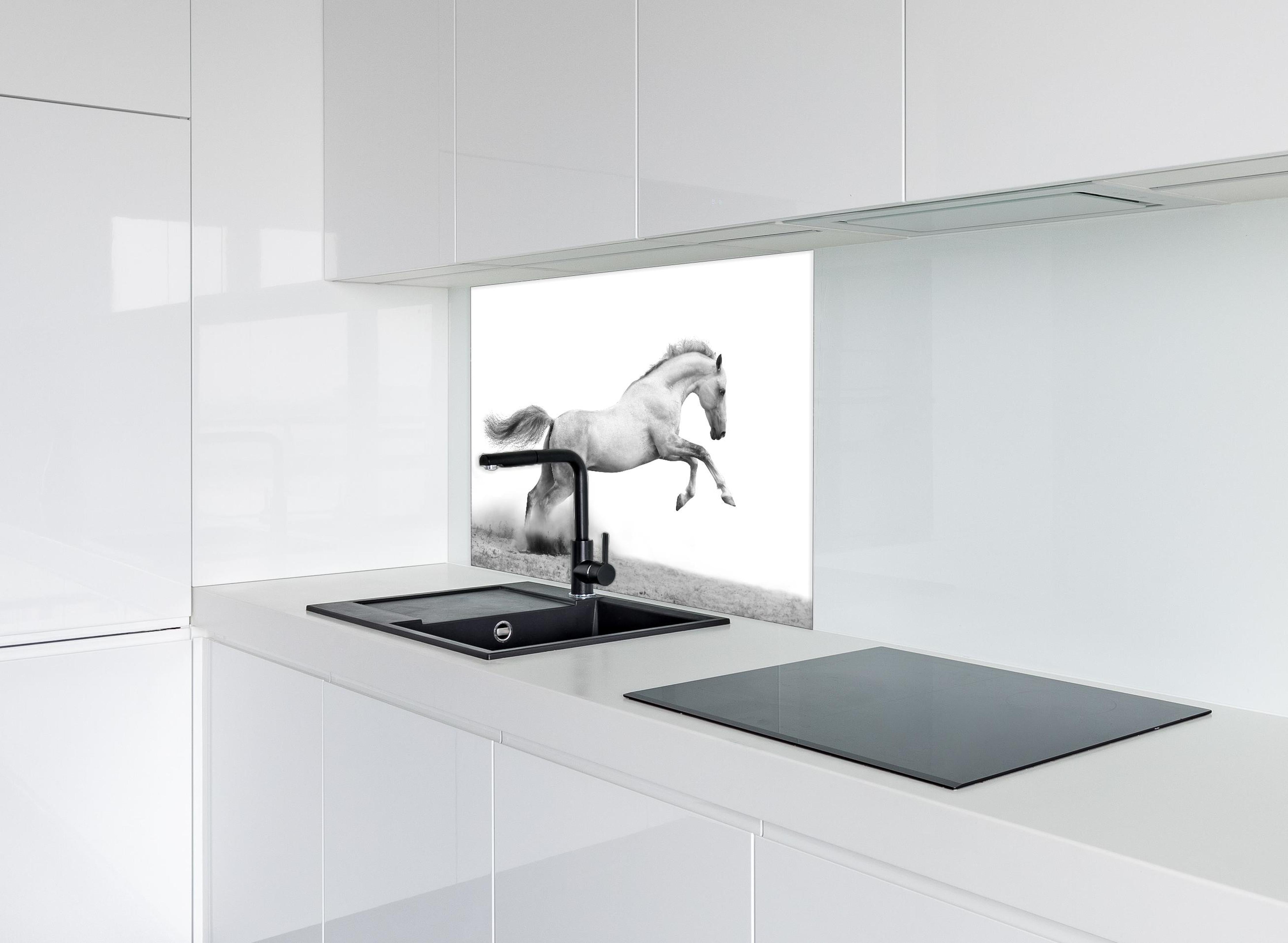 Spritzschutz - Elegantes silberweißes Pferd in Bewegung hinter einem Cerankochfeld zwischen Holz-Kochutensilien
