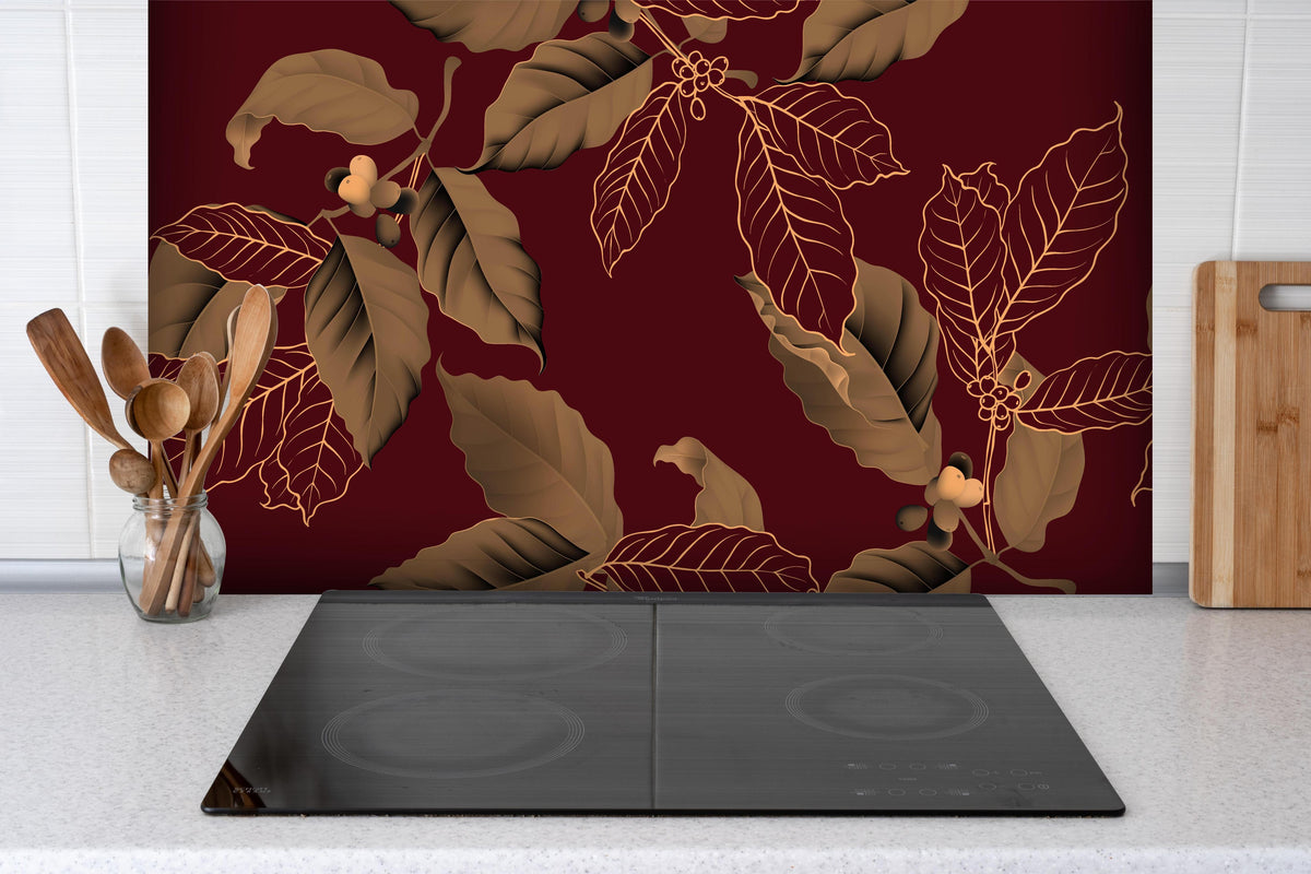 Spritzschutz - Exquisites Herbstlaub Rot und Gold Design hinter einem Cerankochfeld zwischen Holz-Kochutensilien

