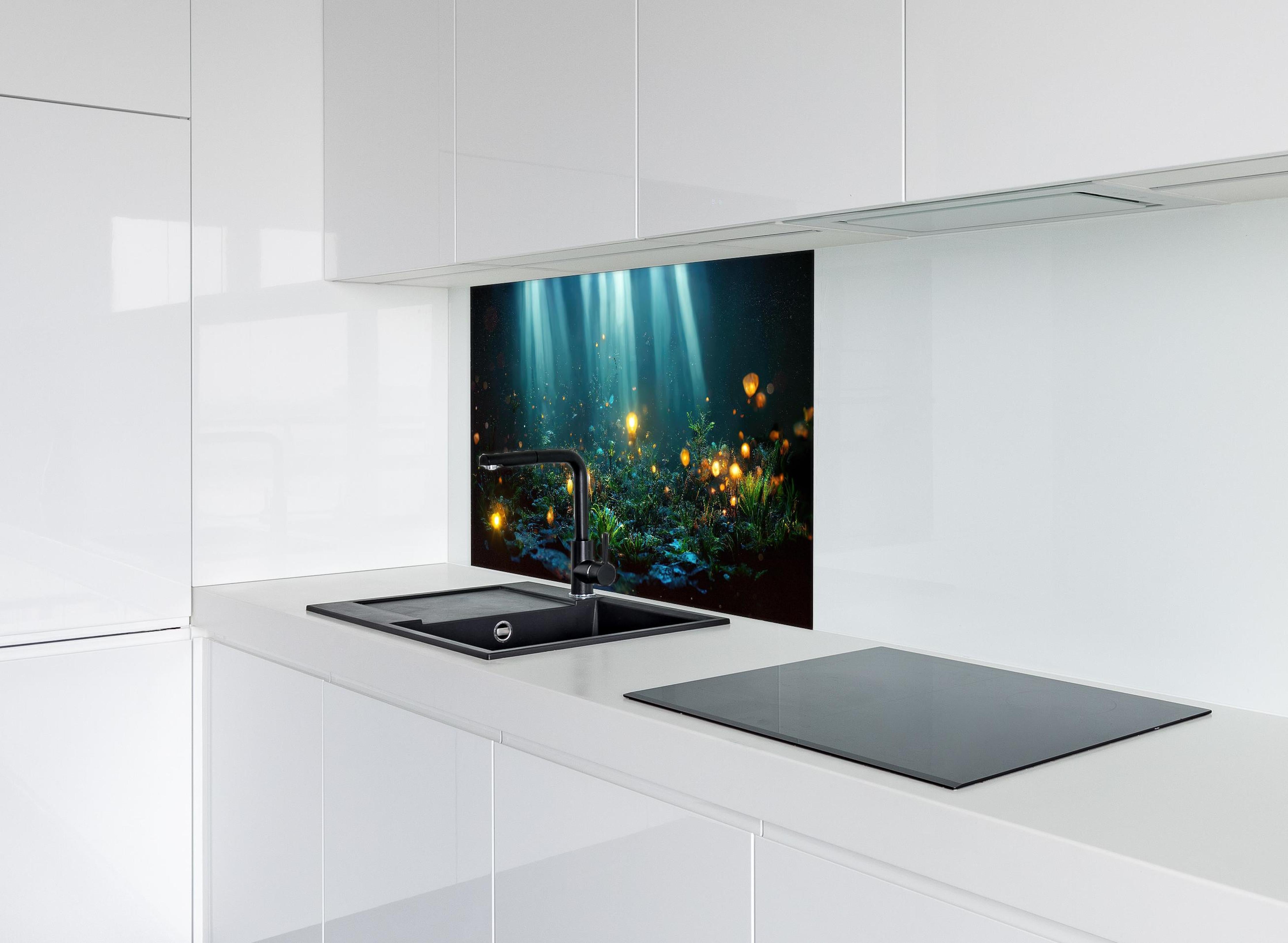 Spritzschutz - Fantasievolle Unterwasserwelt mit Leuchtpflanzen hinter einem Cerankochfeld zwischen Holz-Kochutensilien
