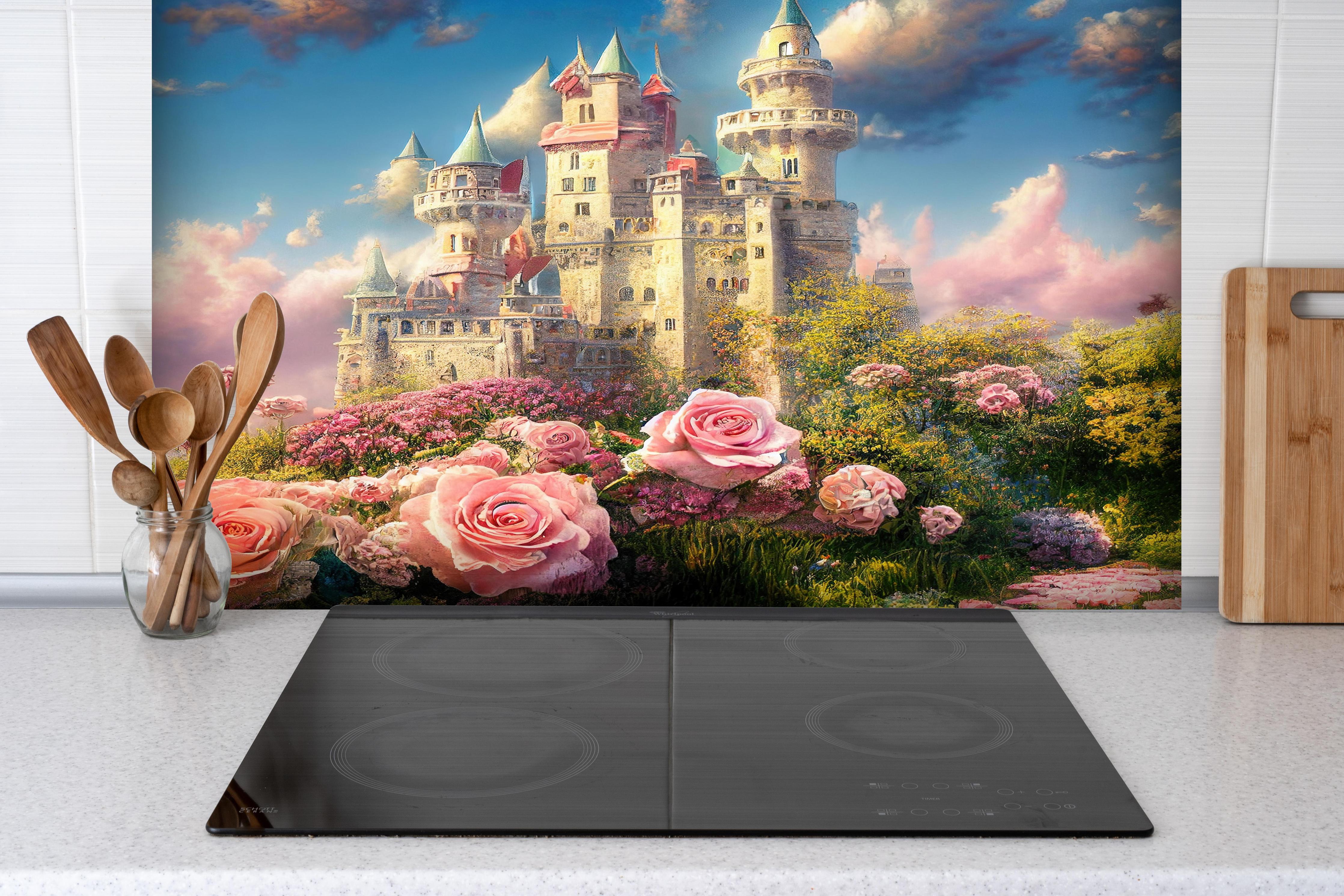 Spritzschutz - Fantasy Garten Schloss mit vielen Blumen hinter einem Cerankochfeld zwischen Holz-Kochutensilien
