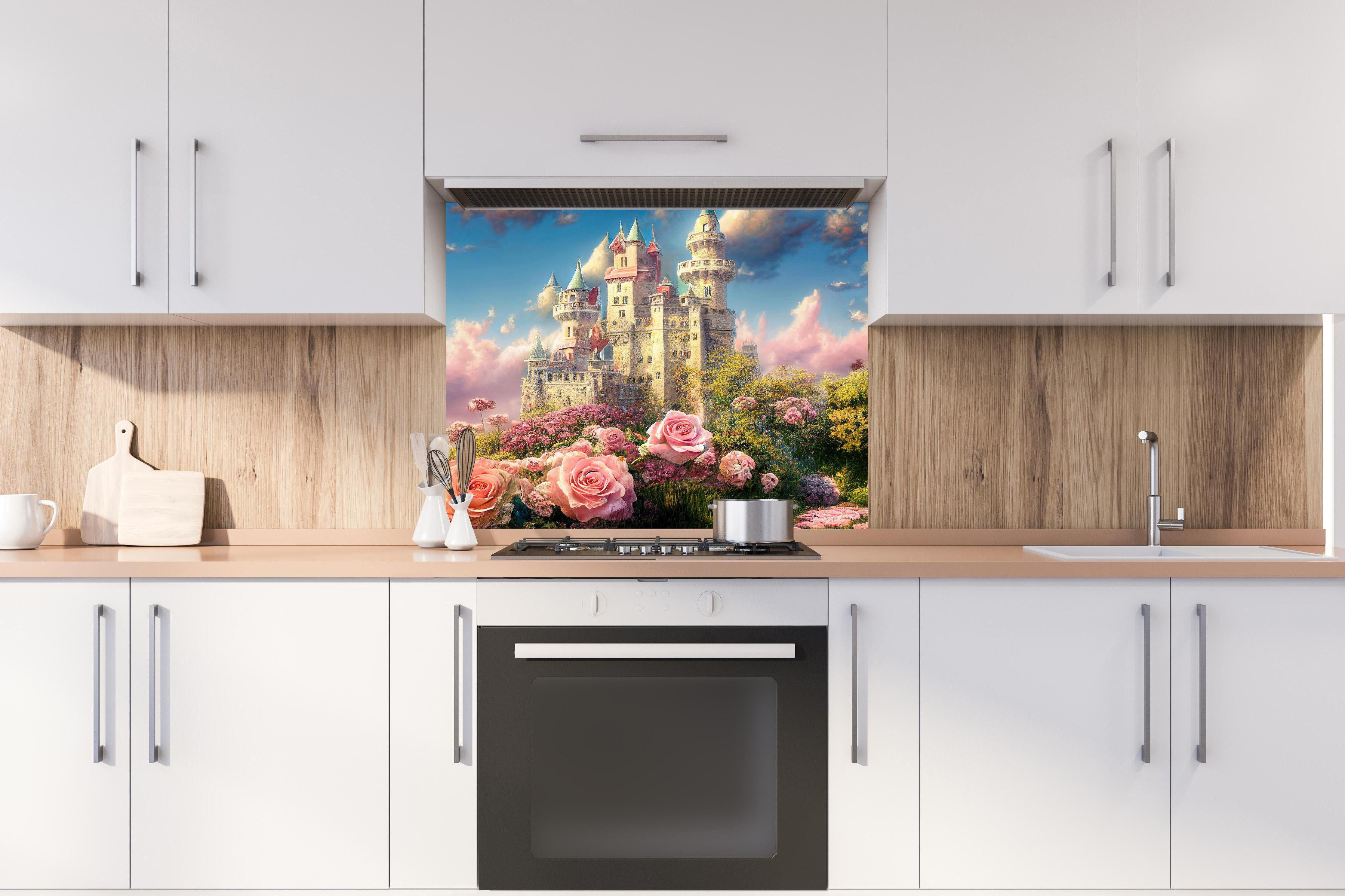 Spritzschutz - Fantasy Garten Schloss mit vielen Blumen hinter einem Cerankochfeld zwischen Holz-Kochutensilien
