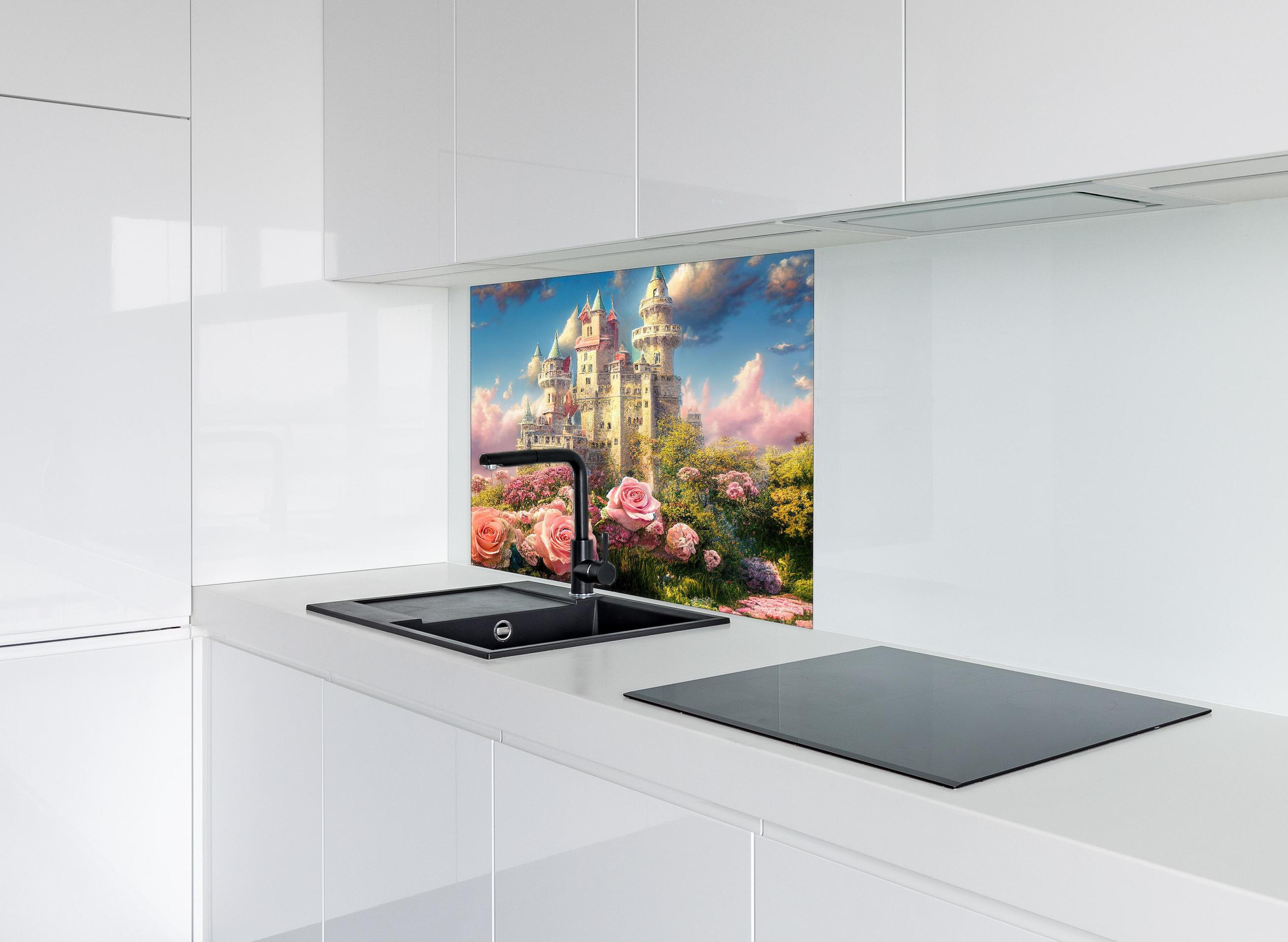 Spritzschutz - Fantasy Garten Schloss mit vielen Blumen hinter einem Cerankochfeld zwischen Holz-Kochutensilien
