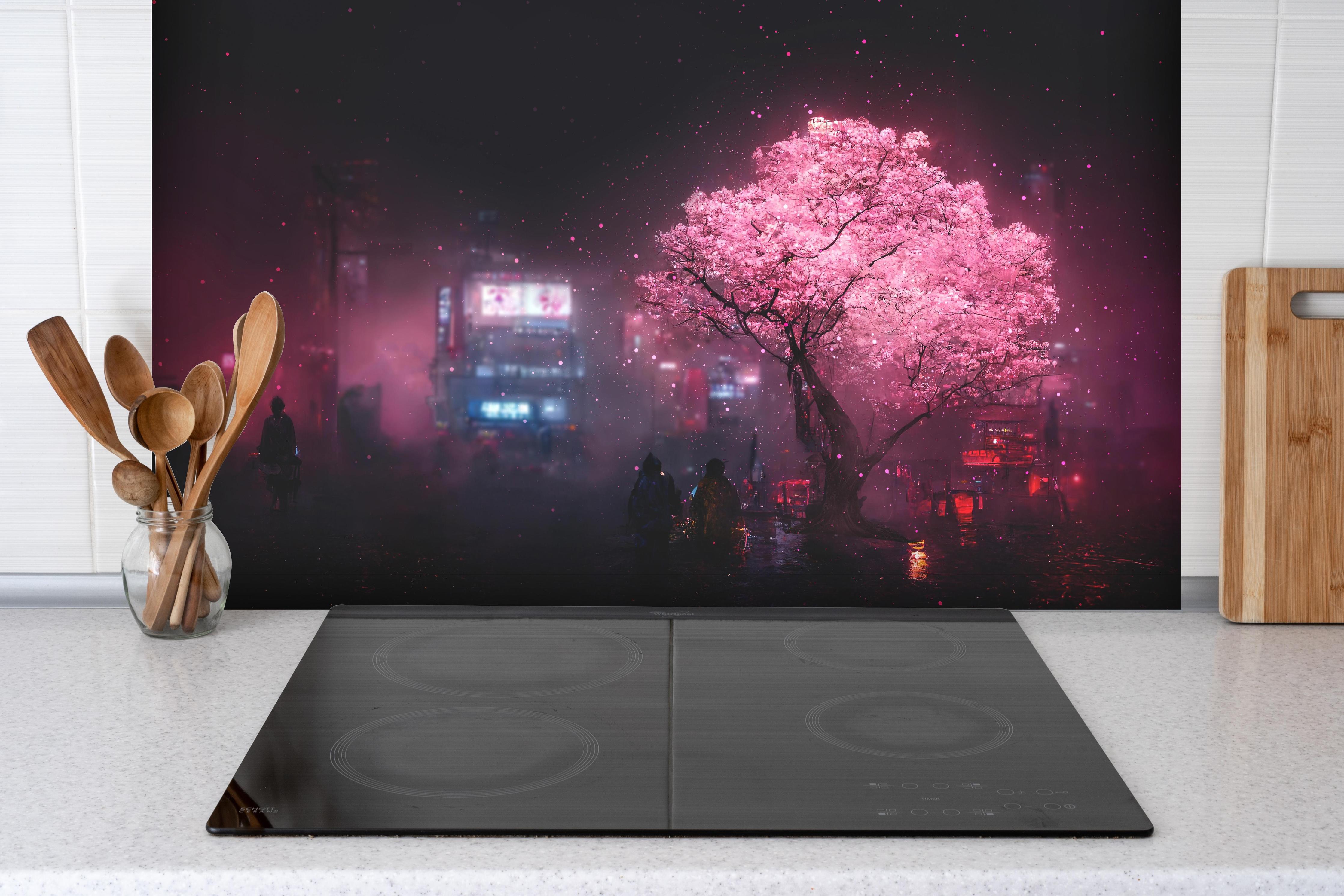 Spritzschutz - Fantasy Nacht - Japan hinter einem Cerankochfeld zwischen Holz-Kochutensilien
