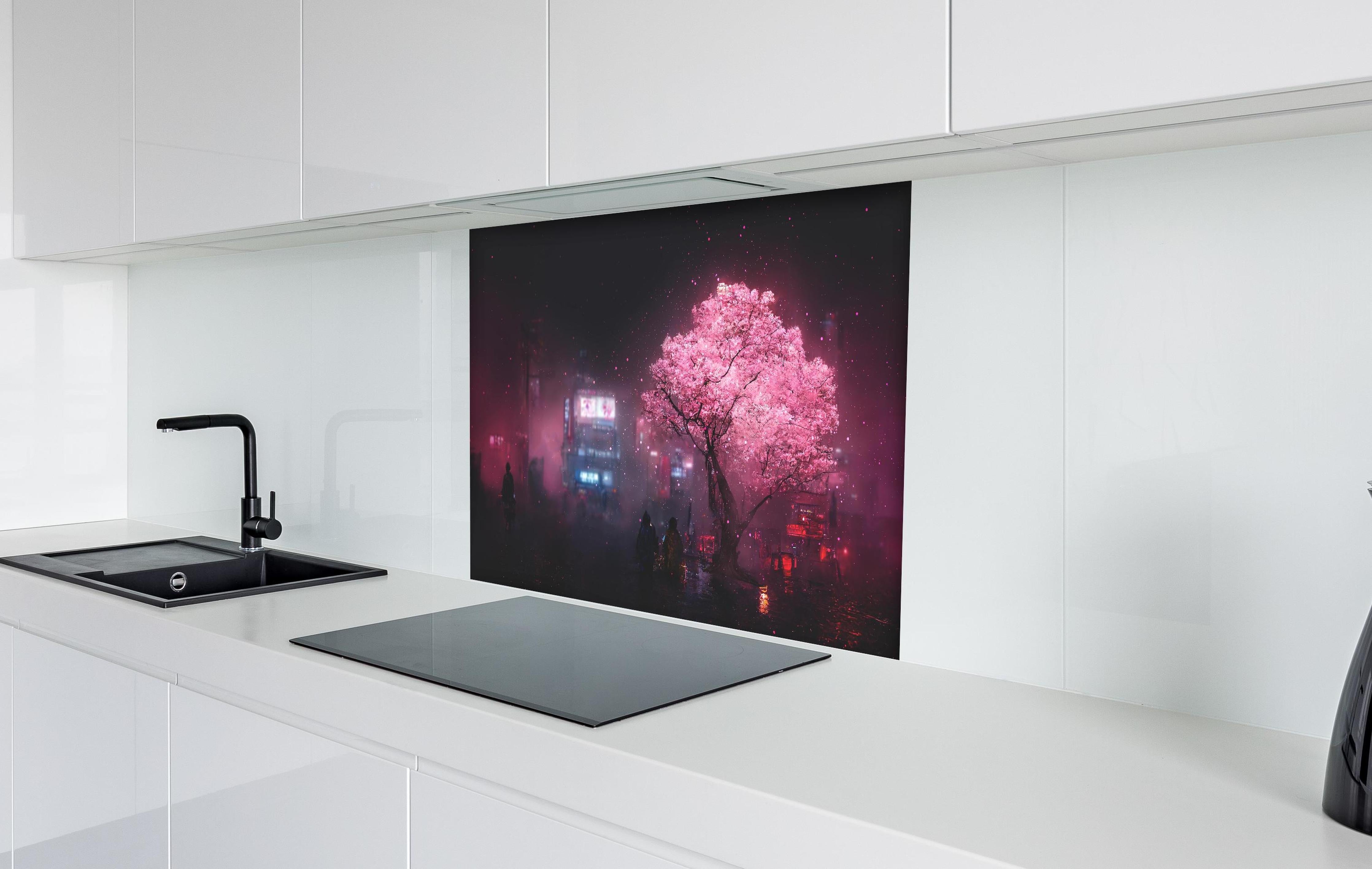 Spritzschutz - Fantasy Nacht - Japan hinter einem Cerankochfeld zwischen Holz-Kochutensilien
