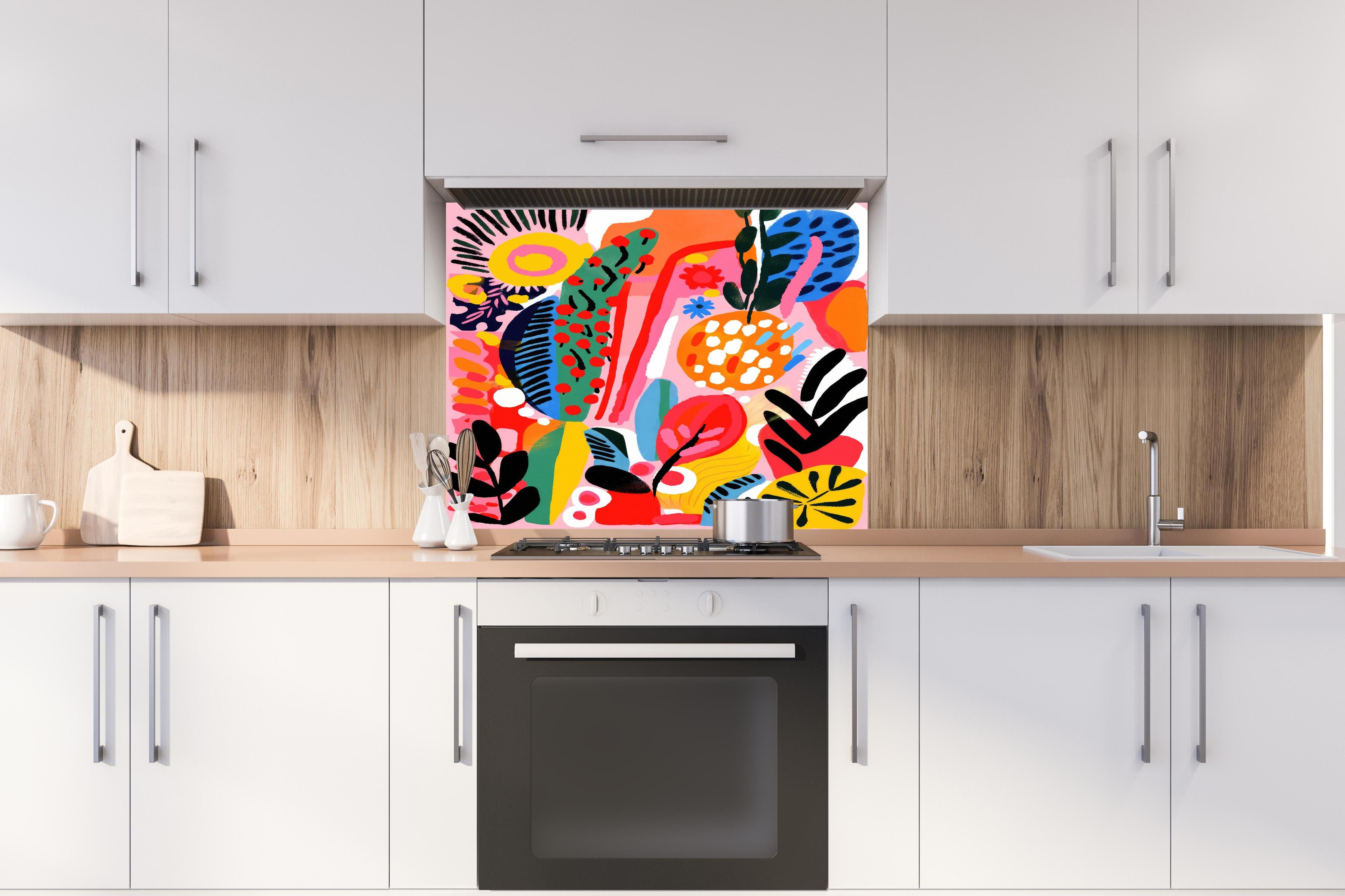 Spritzschutz - Farbenfrohe Abstrakte Blumen und Früchte hinter einem Cerankochfeld zwischen Holz-Kochutensilien
