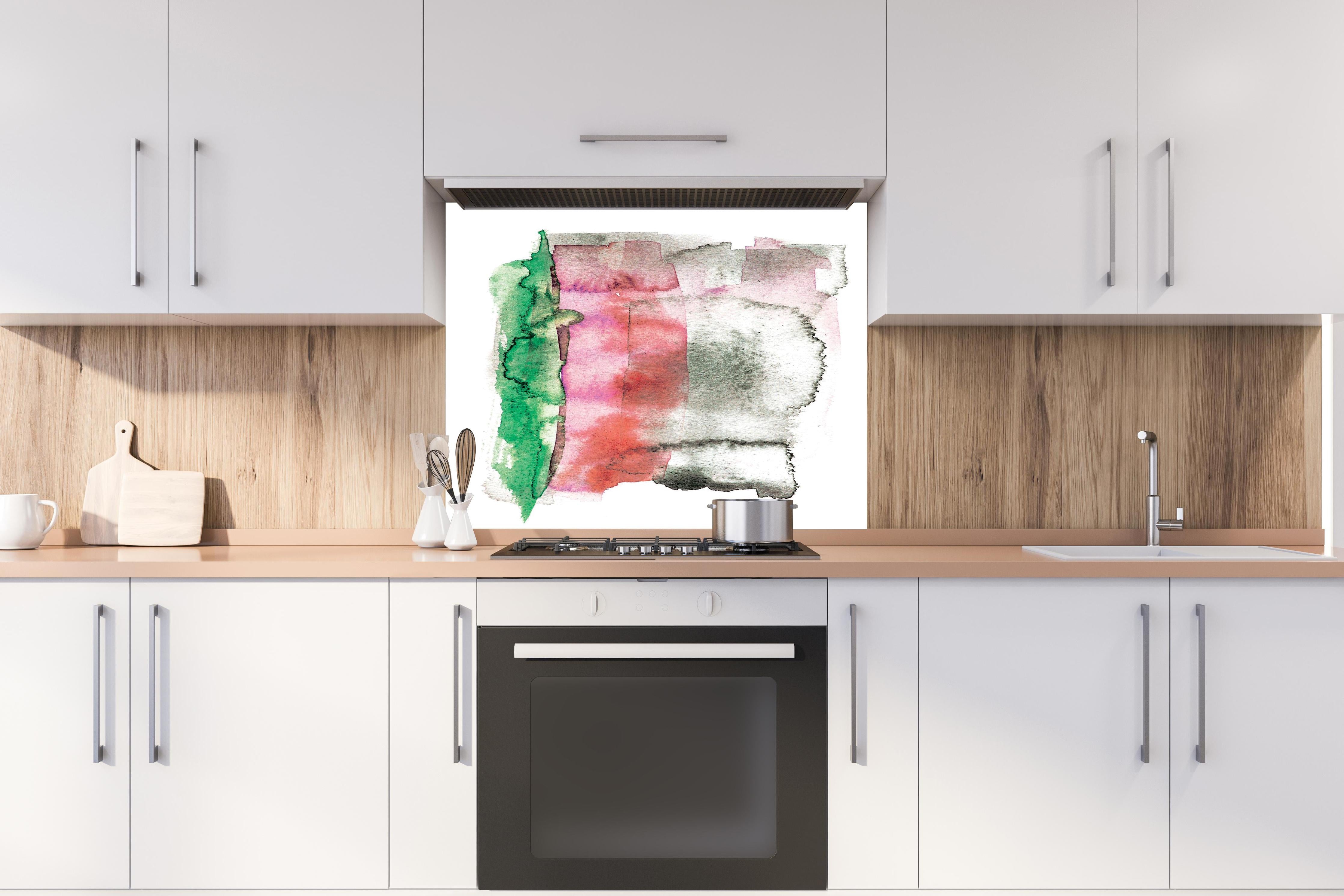 Spritzschutz - Farbenfrohe Aquarellmalerei auf weißem Hintergrund hinter einem Cerankochfeld zwischen Holz-Kochutensilien
