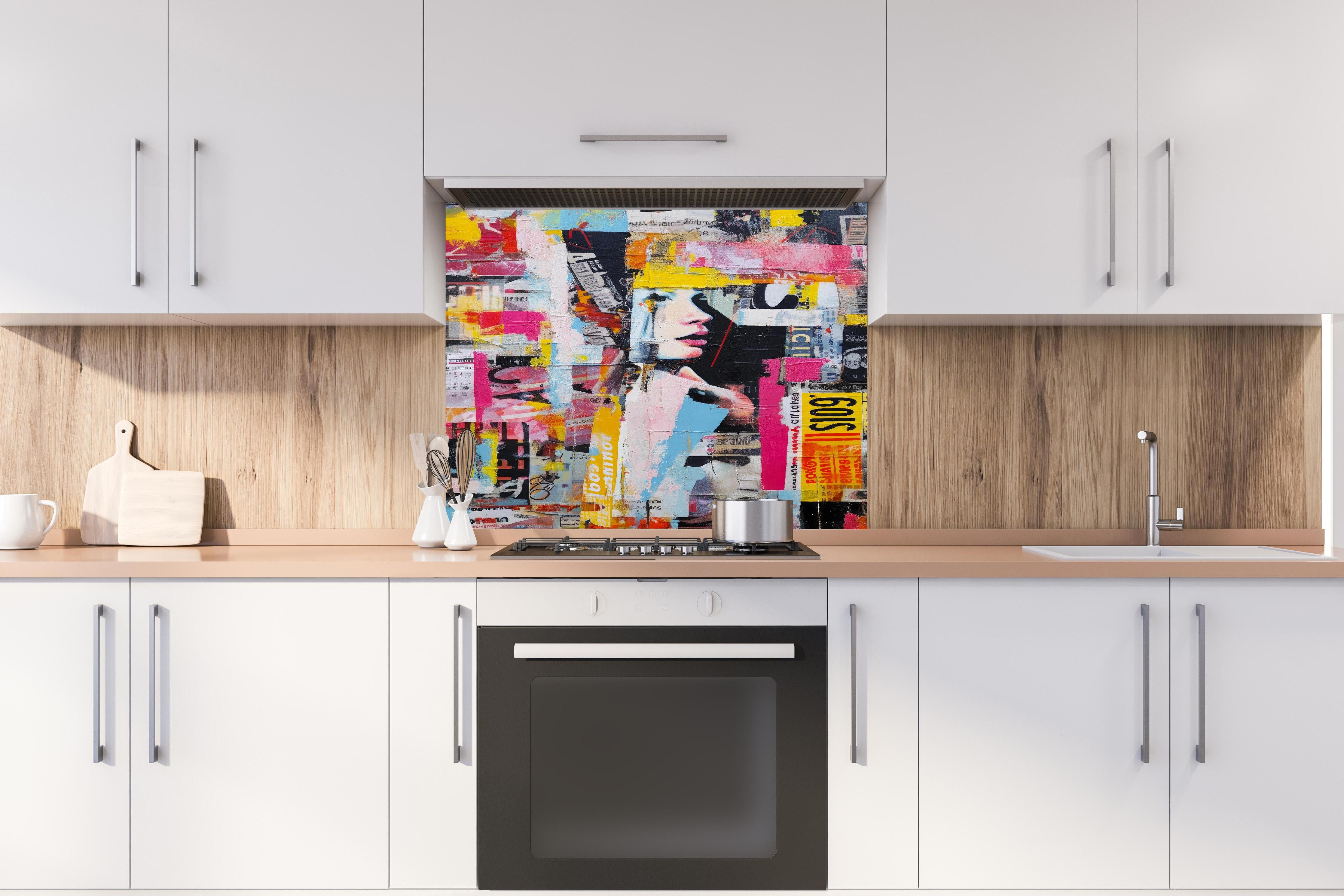 Spritzschutz - Farbenfrohe Urban-Art Frauencollage hinter einem Cerankochfeld zwischen Holz-Kochutensilien
