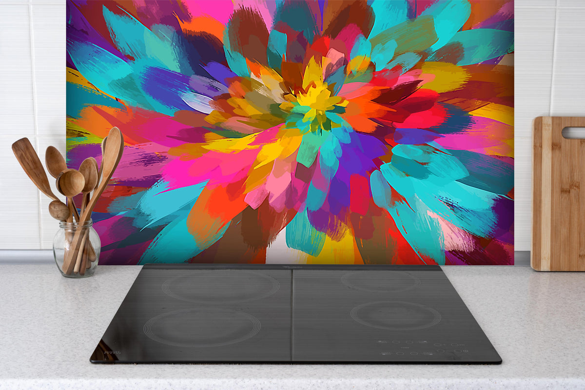 Spritzschutz - Farbenfrohes Abstrakt Gemälde Blume hinter einem Cerankochfeld zwischen Holz-Kochutensilien
