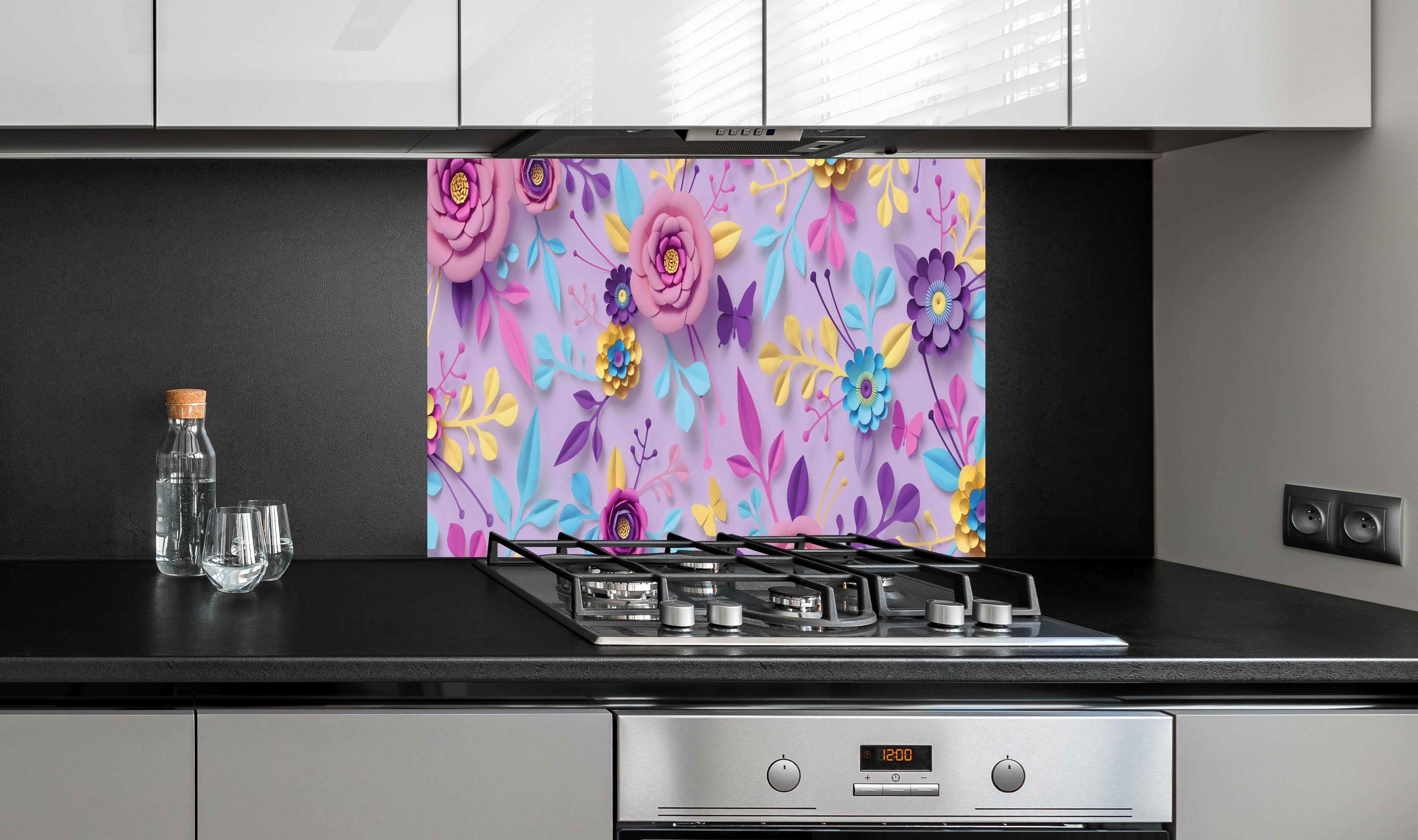 Spritzschutz - Farbenfrohes Blumenmuster Panorama-Wandbild hinter einem Cerankochfeld zwischen Holz-Kochutensilien
