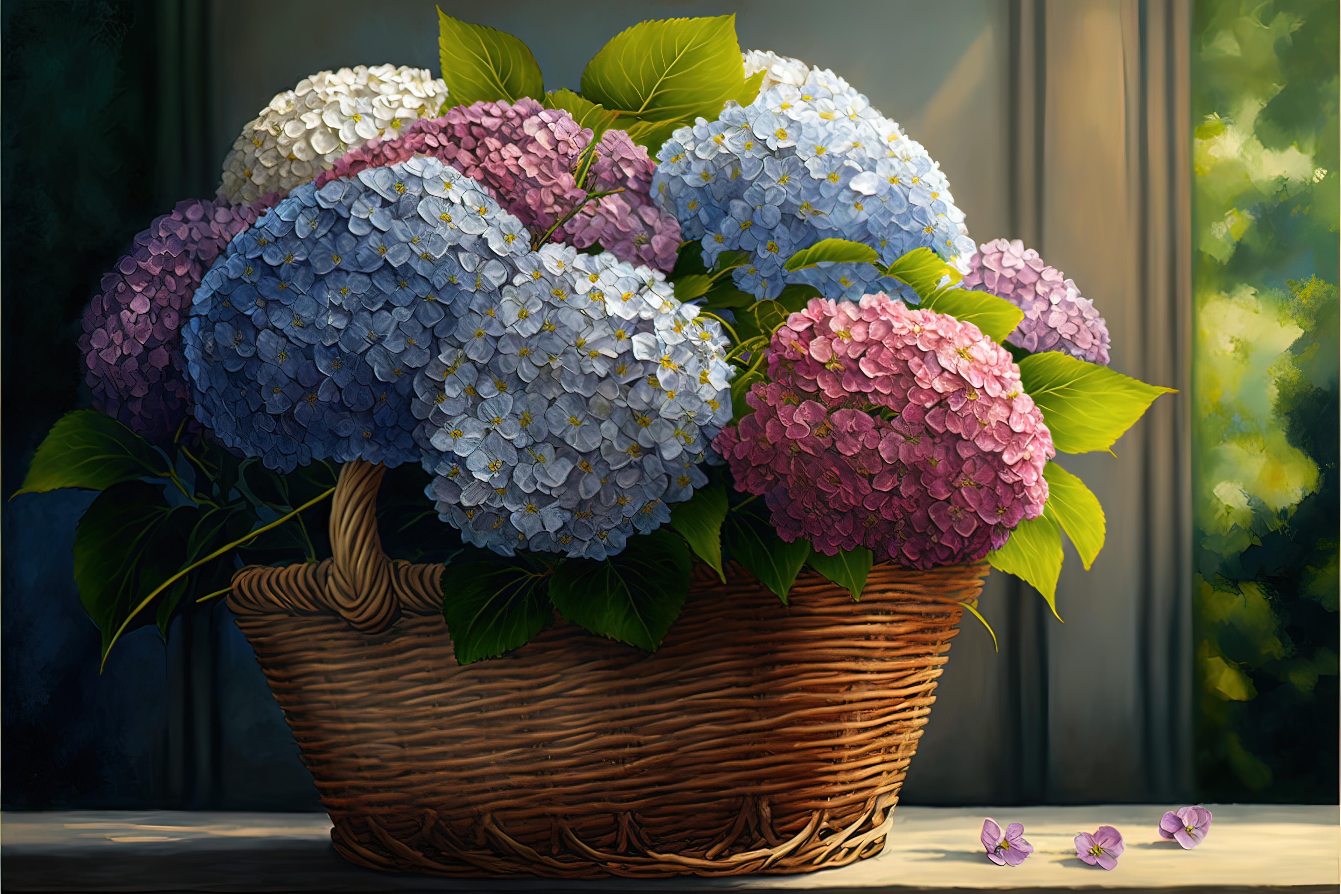 Spritzschutz-Farbenfrohes Hortensienbouquet in Korb