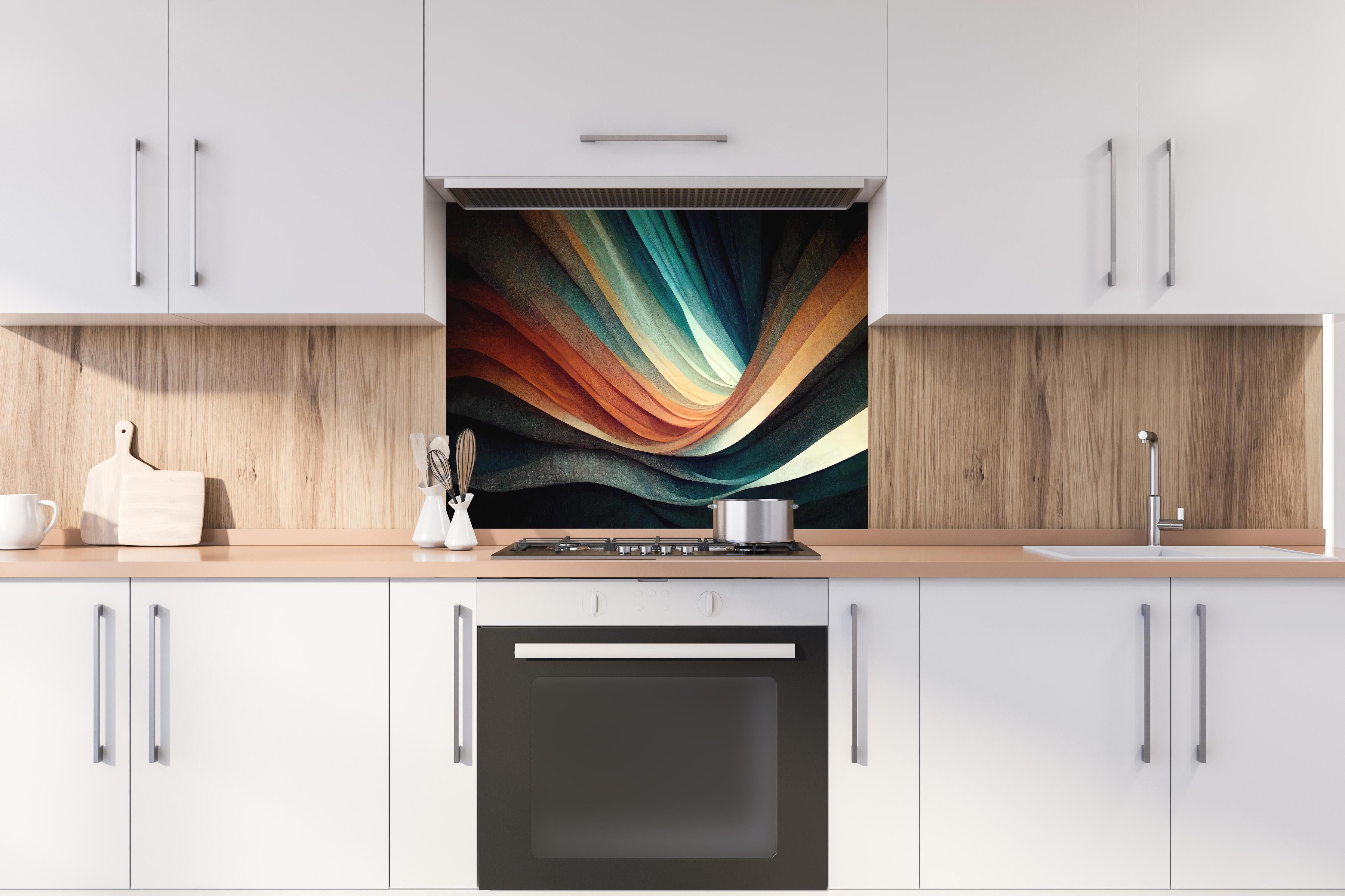 Spritzschutz - Farbwellen Panorama in abstrakter Kunst hinter einem Cerankochfeld zwischen Holz-Kochutensilien
