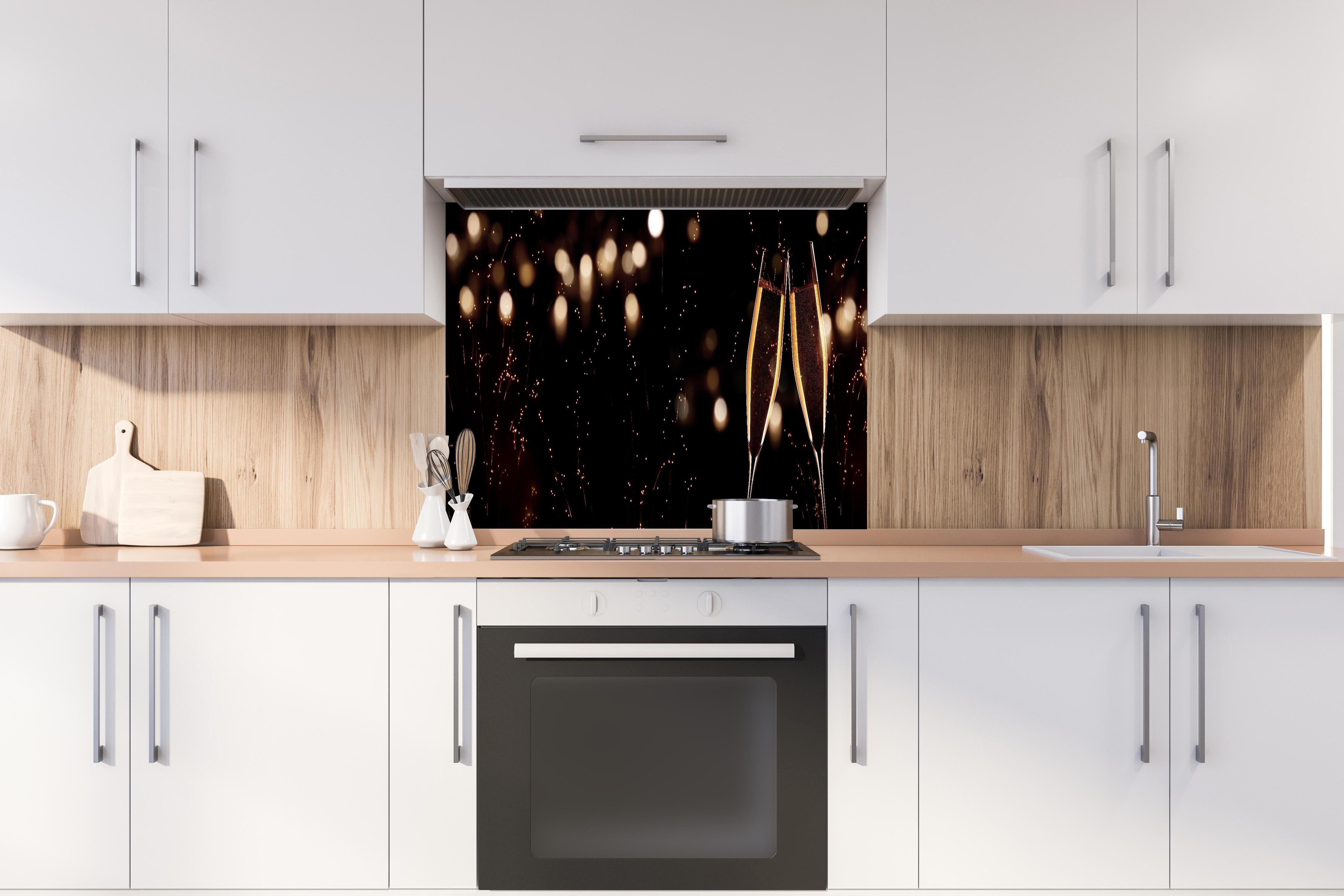 Spritzschutz - Feierlicher Champagner-Clink bei Jahreswechsel hinter einem Cerankochfeld zwischen Holz-Kochutensilien
