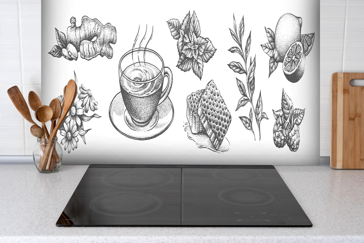 Spritzschutz - Feine Teezeit Illustration in Schwarz-Weiß hinter einem Cerankochfeld zwischen Holz-Kochutensilien
