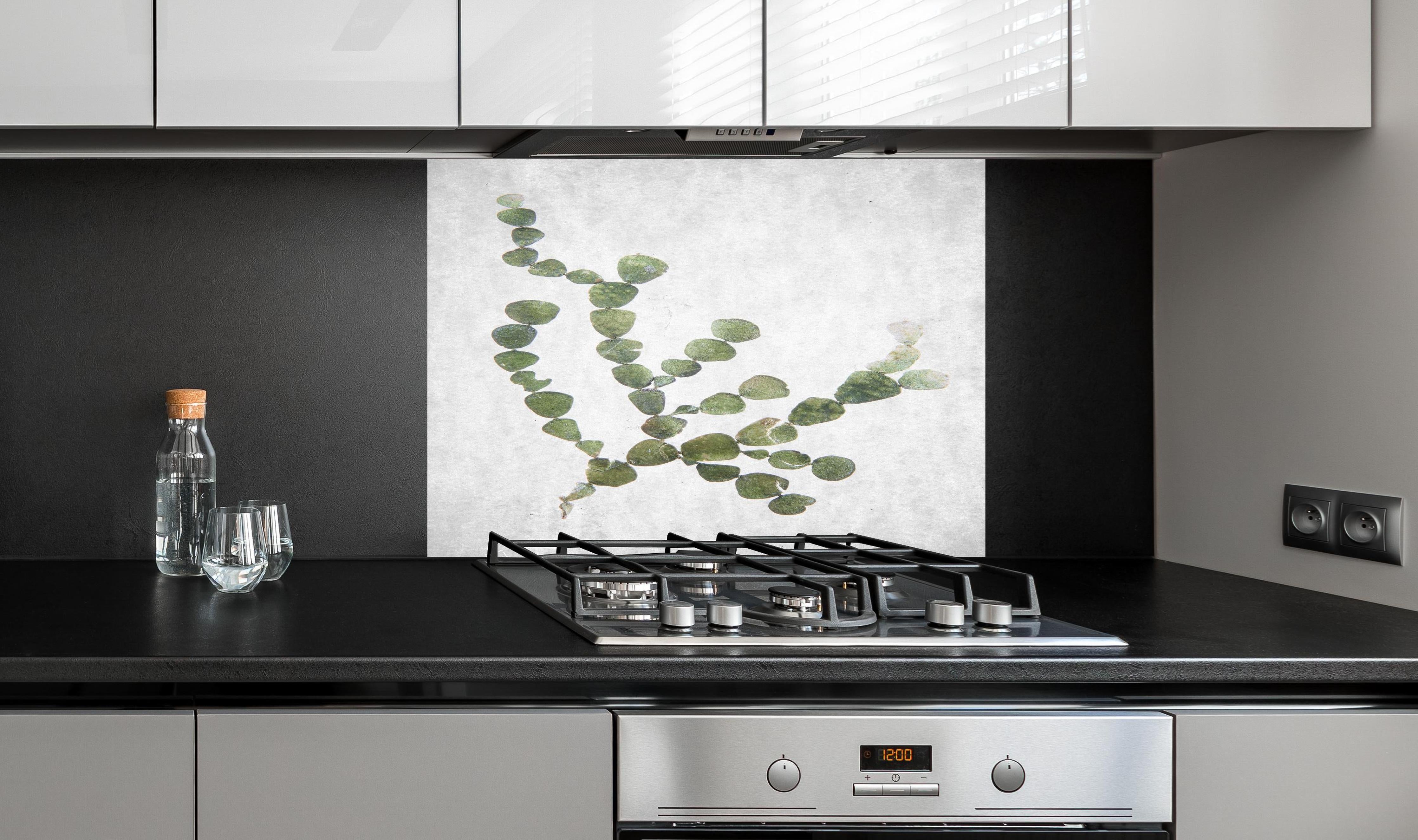 Spritzschutz - Feine grüne Blattstruktur gegen Weiß hinter einem Cerankochfeld zwischen Holz-Kochutensilien

