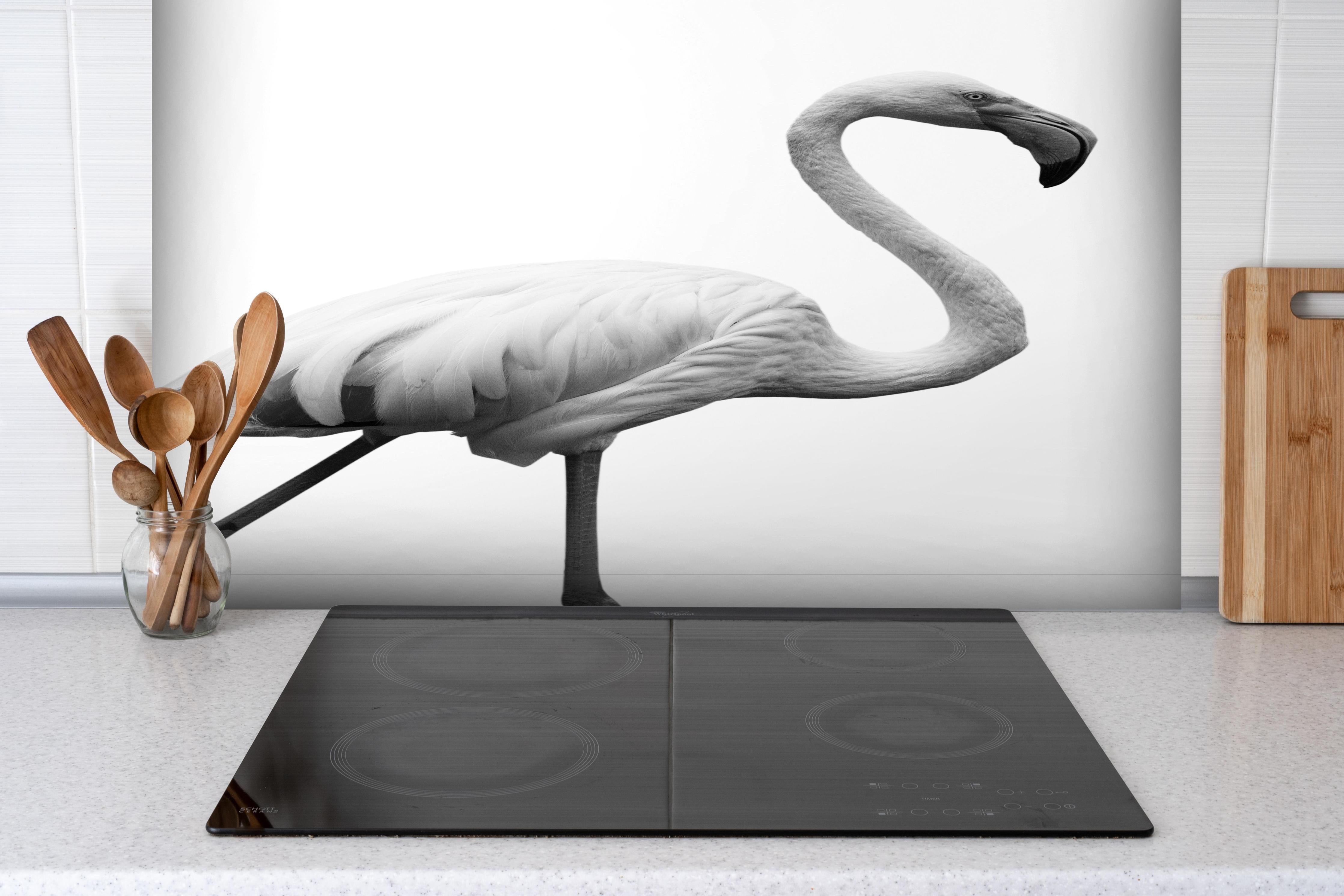 Spritzschutz - Flamingo - schwarz-weiß hinter einem Cerankochfeld zwischen Holz-Kochutensilien
