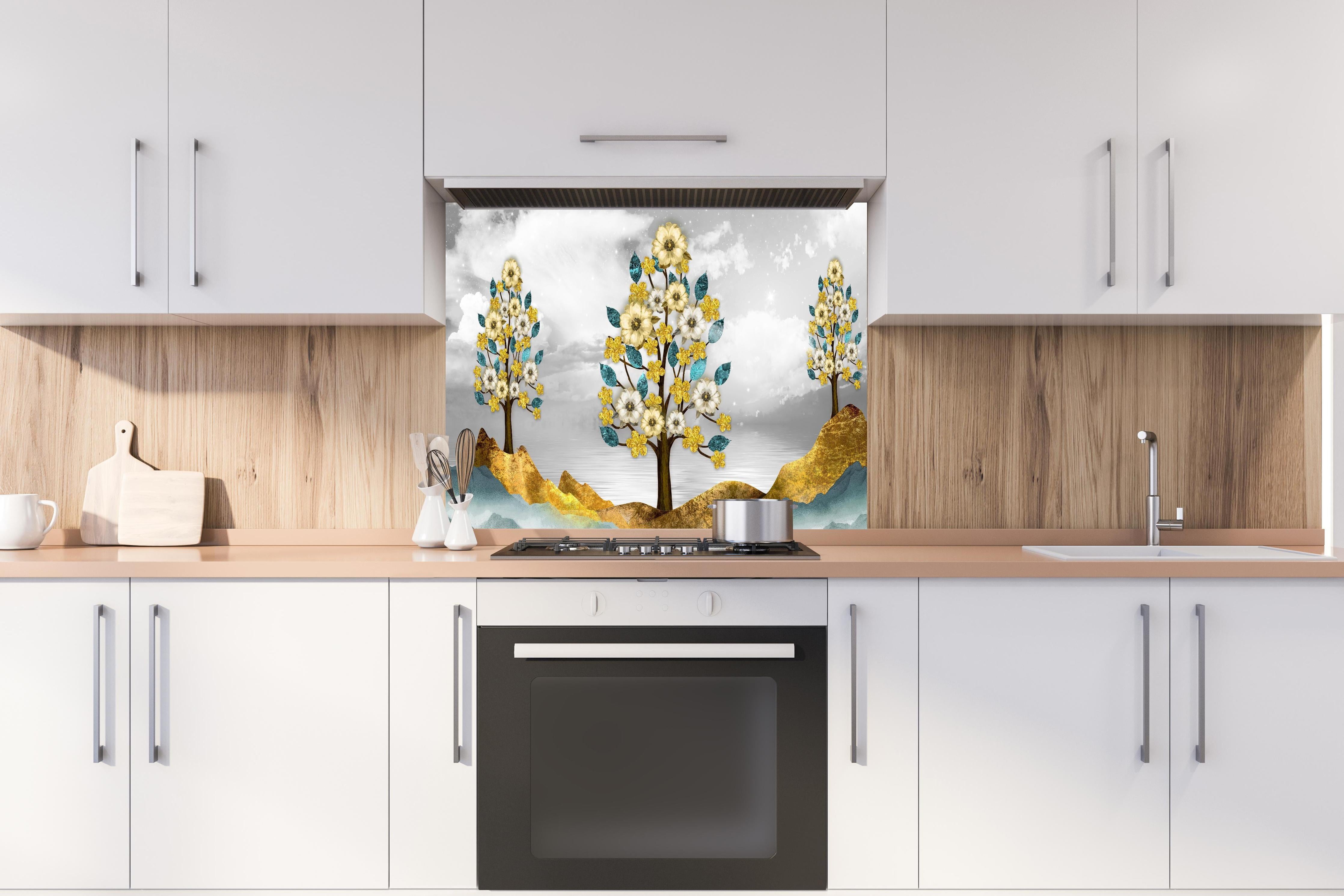 Spritzschutz - Florale Kunstmalerei - Natur hinter einem Cerankochfeld zwischen Holz-Kochutensilien
